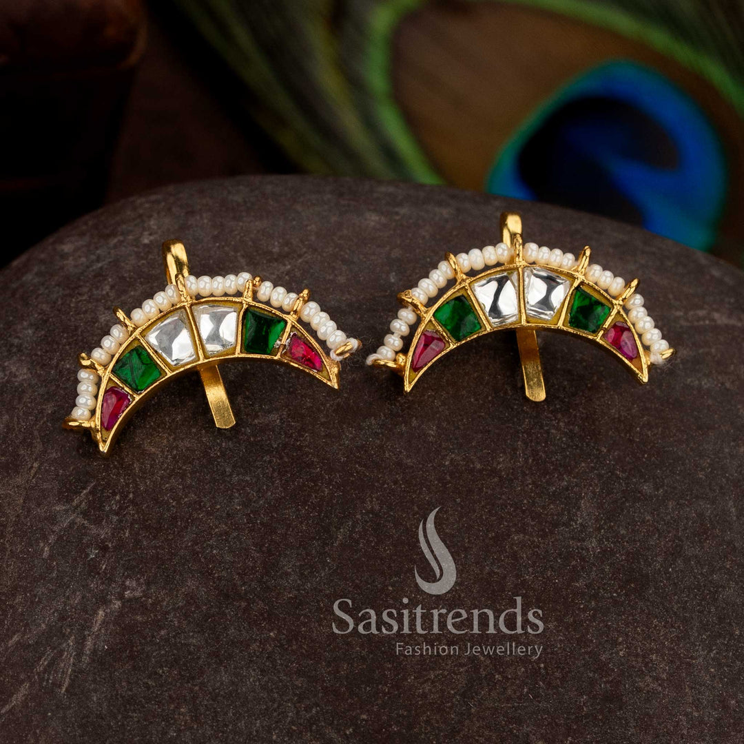 Multi kundan stone arc ear cuff earrings crafted in 24K jadau gold plating with pearl accents for traditional wear - Sasitrends
