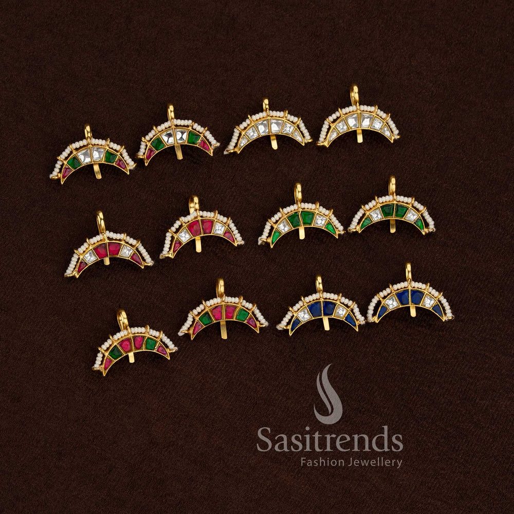 Traditional green, blue, ruby and white kundan stone arc ear cuff earrings with pearl border finished in 24K jadau gold plating by Sasitrends
