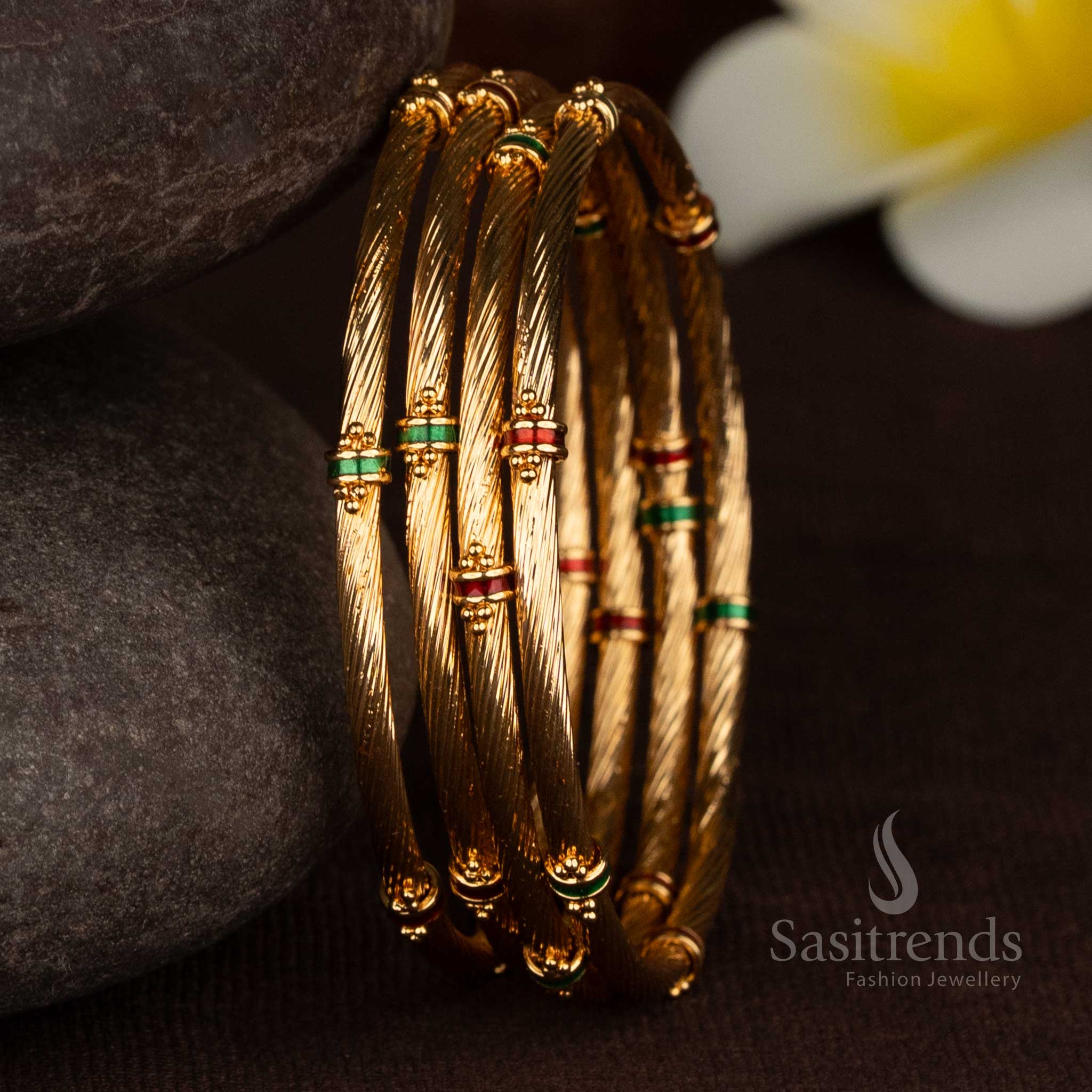 Sasitrends 24k micro gold plated twisted wire texture bangles with enamel spacer detailing