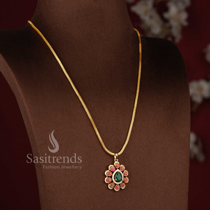 Guaranteed 24K Micro Gold Plated AD Stone Floral Cluster Pendant Chain Necklace with Teardrop Centre Structure | Real Gold Look 1 Gram Jewellery