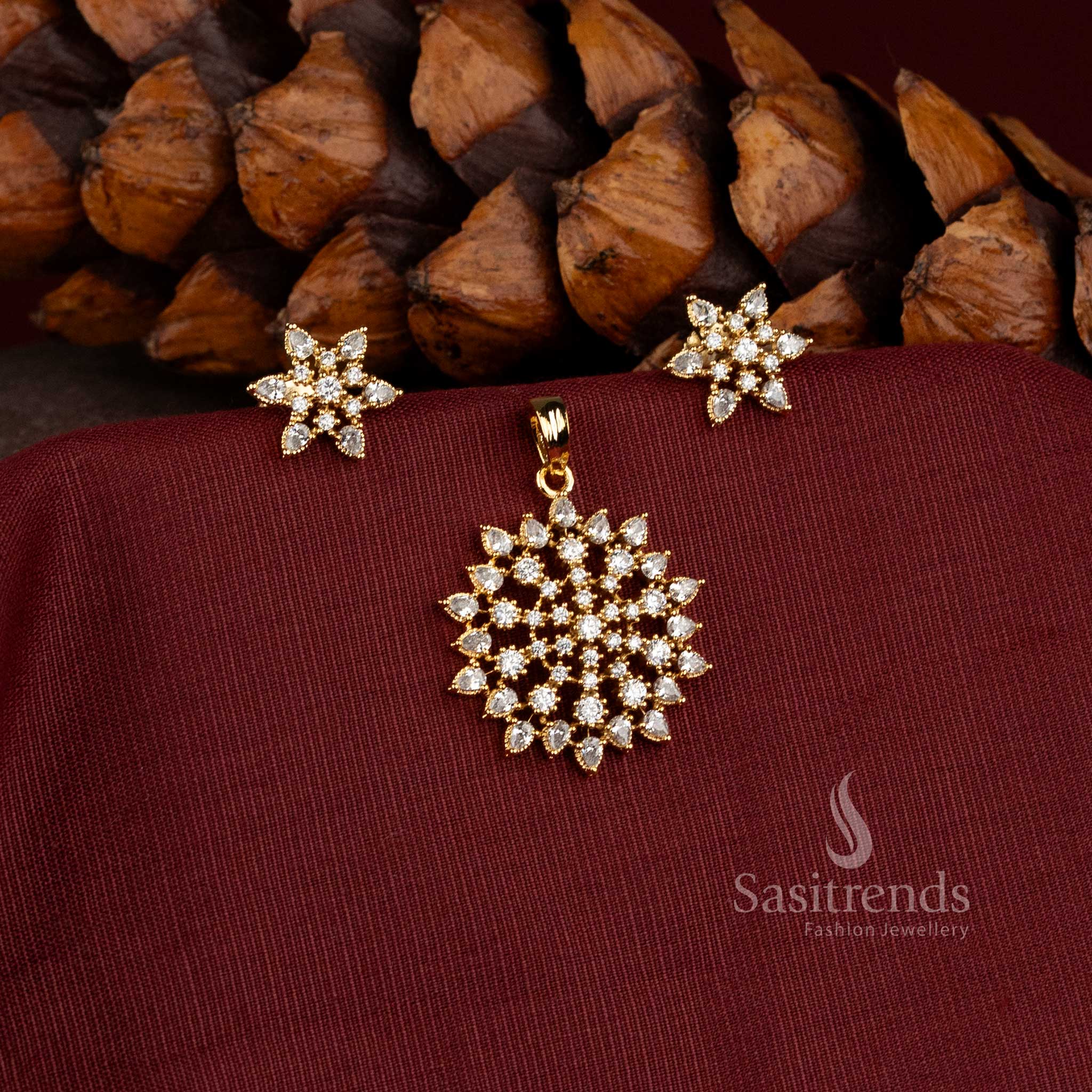 Sasitrends 24K micro gold plated AD Stone floral pendant with matching petal design stud earrings jewellery set 