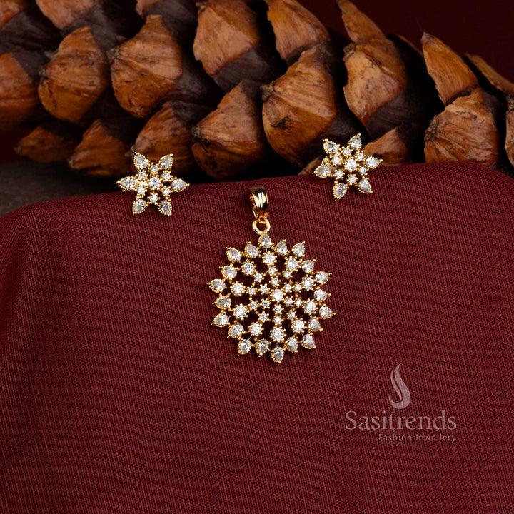Sasitrends 24K micro gold plated AD Stone floral pendant with matching petal design stud earrings jewellery set 