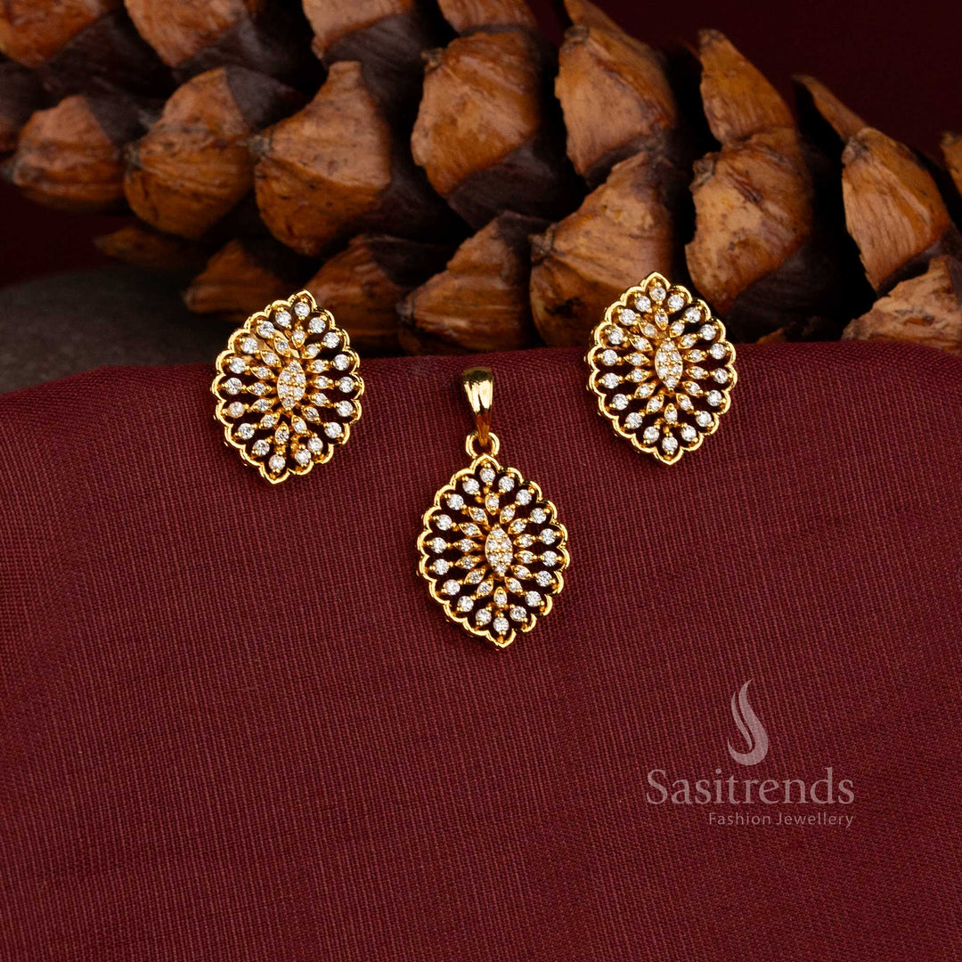 Sasitrends traditional pendant jewellery featuring symmetrical floral structure and detailed AD Stone arrangement with earrings 