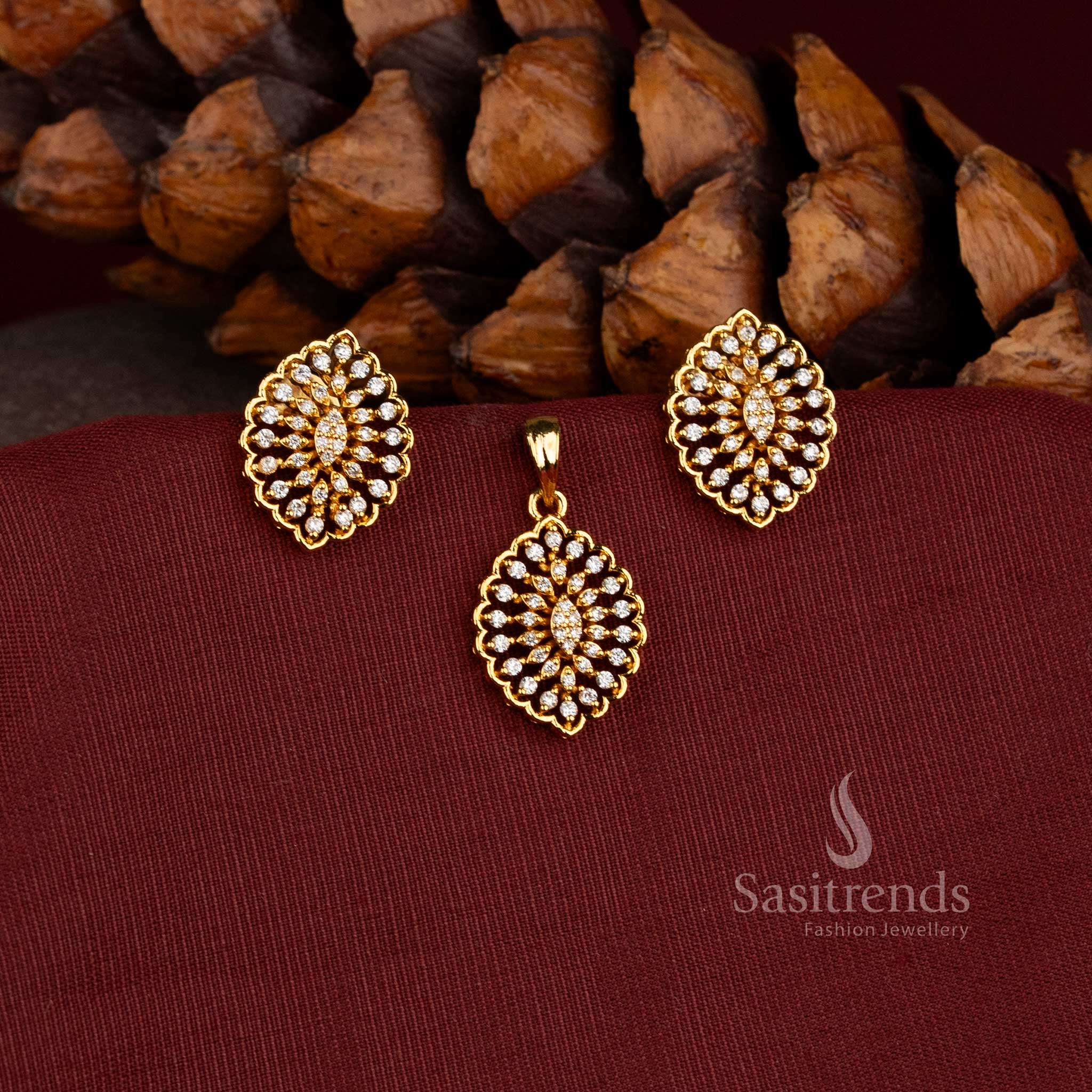 Sasitrends traditional pendant jewellery featuring symmetrical floral structure and detailed AD Stone arrangement with earrings 