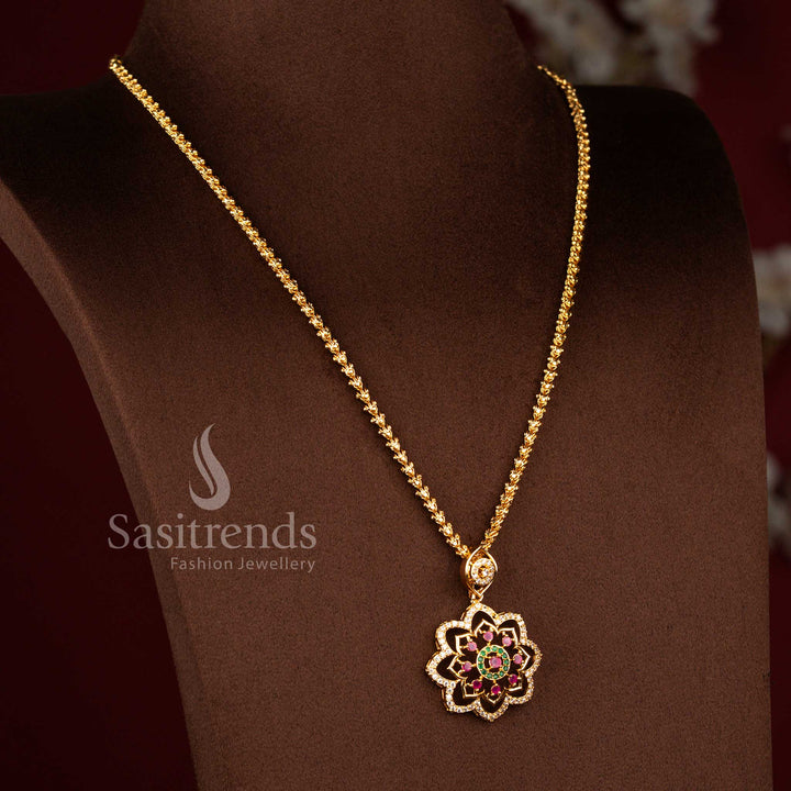Elegant Floral Cluster AD Stone Micro Gold Pendant with Emerald Centre - Sasitrends