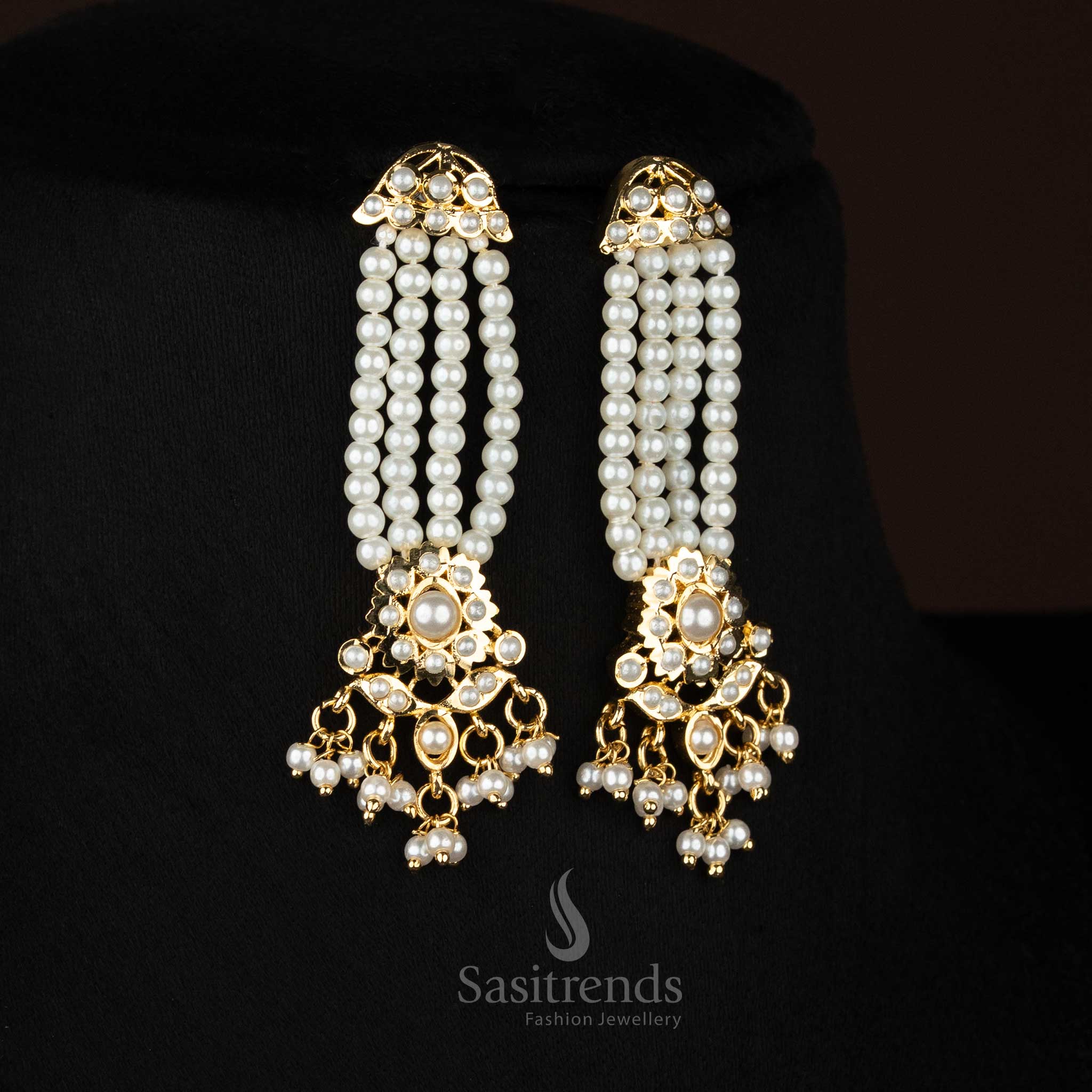 Temple & saree wear micro gold plated hexagonal pearl haram set with oval centre pendant and pearl hangings, matching earrings, real gold look wedding and festive jewellery by Sasitrends