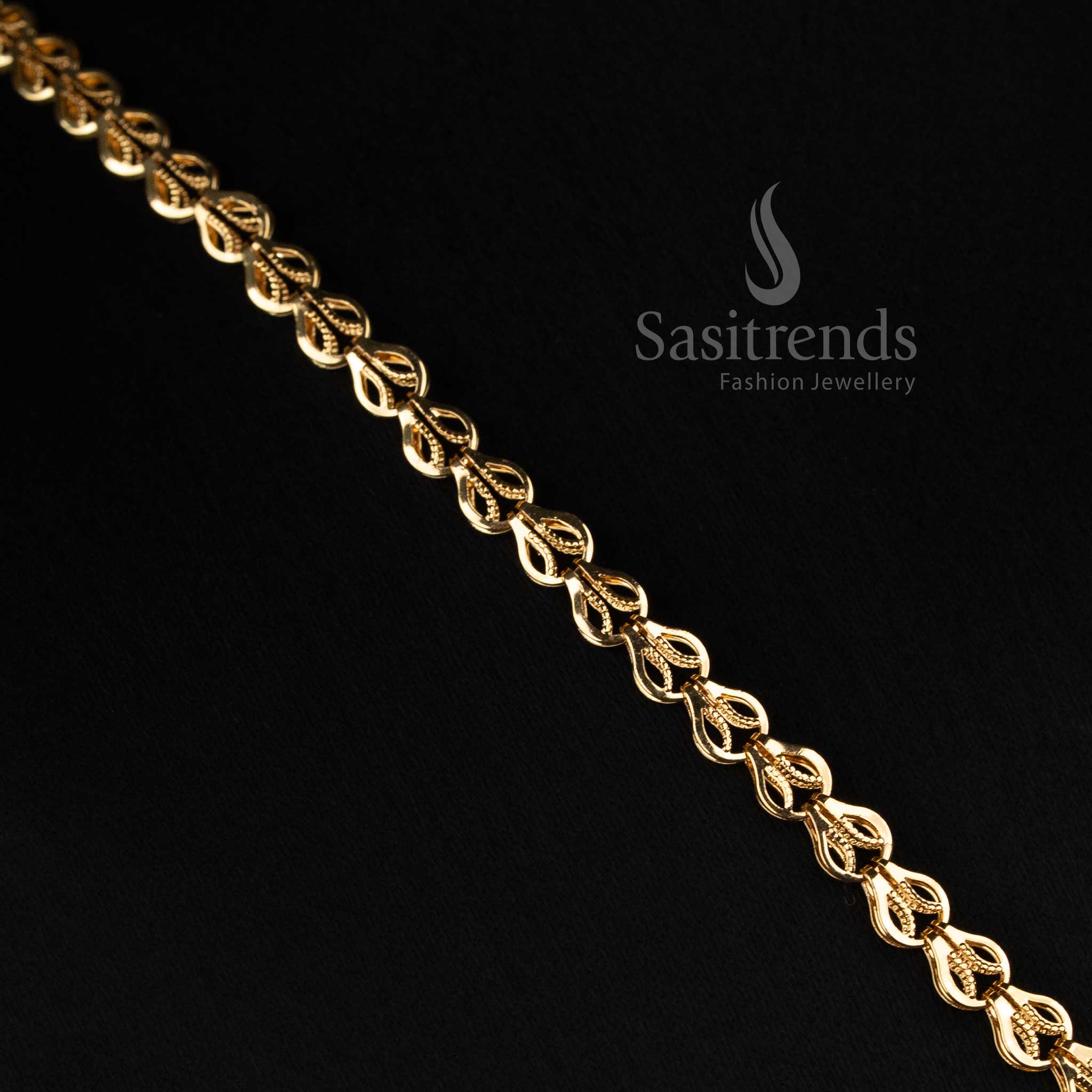 24K micro gold plated arch link necklace featuring AD stones and golden bead drops