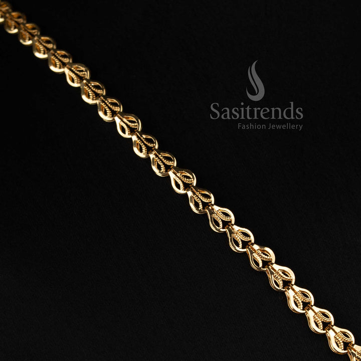 24K micro gold plated arch link necklace featuring AD stones and golden bead drops