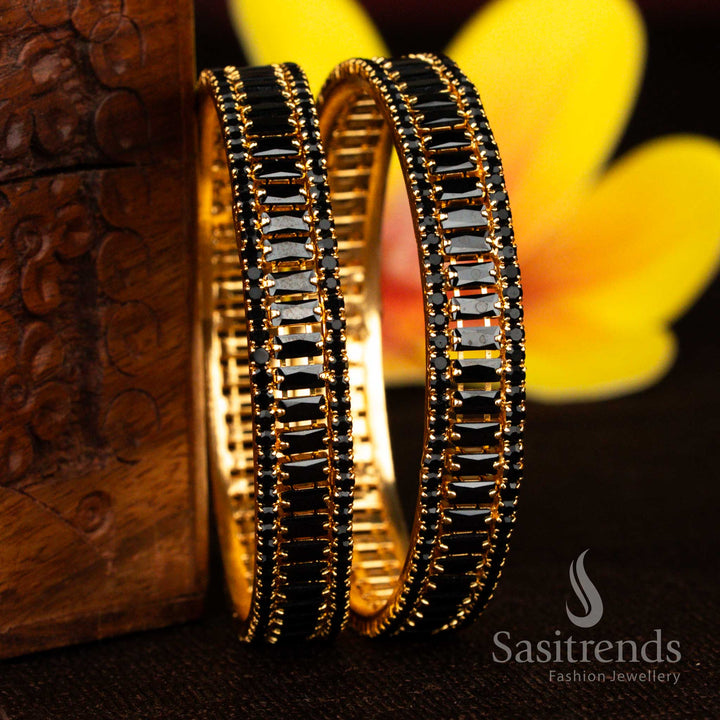 Iconic One Gram Micro Gold Plated Black American Diamond Rectangular Baguette Channel Structured Designer Bangles | Festive & Traditional wear