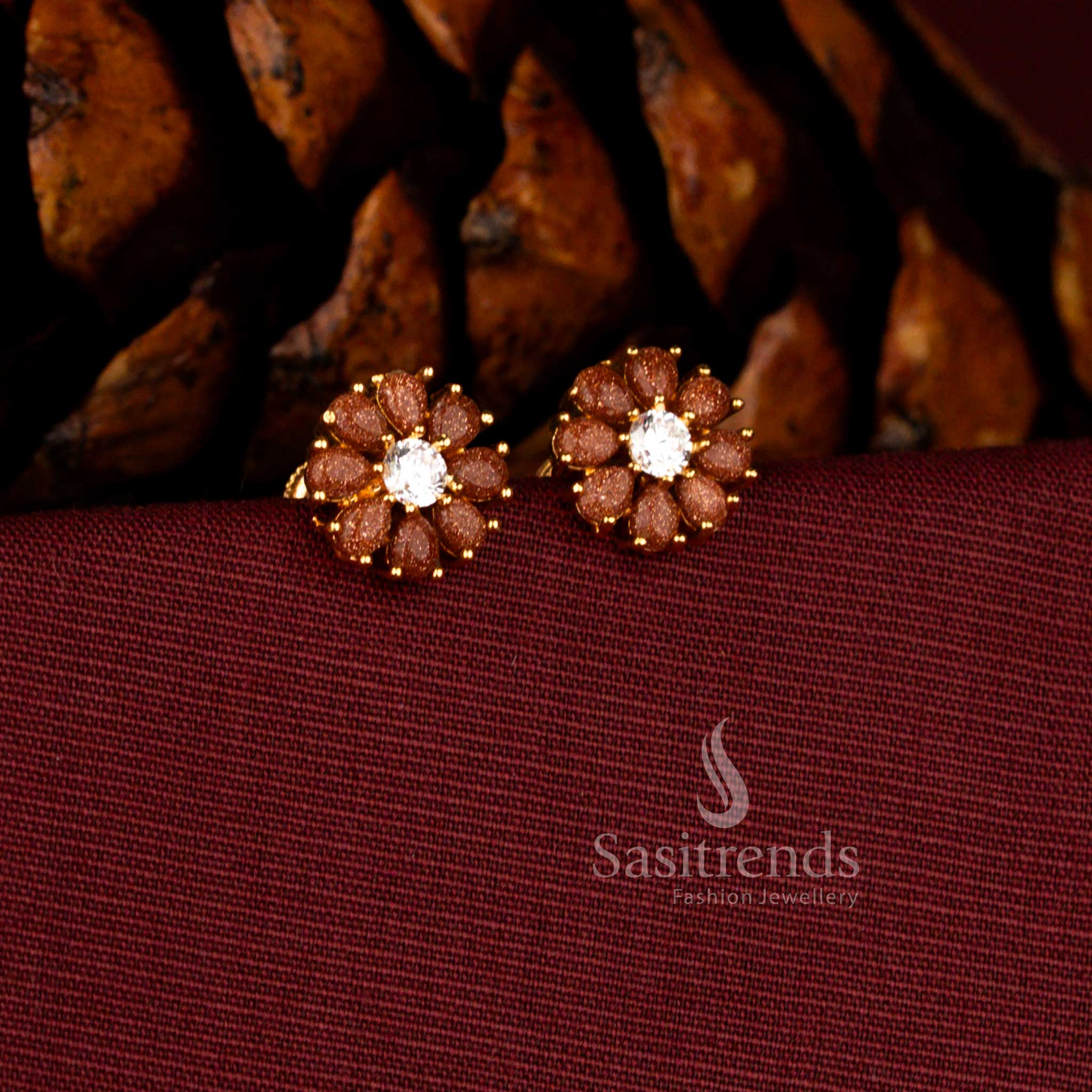 Sasitrends 24K micro gold plated brown white AD stone radiant floral stud earrings with detailed petal design