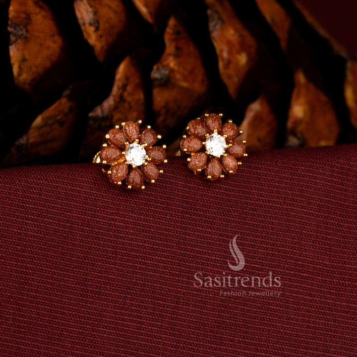 Sasitrends 24K micro gold plated brown white AD stone radiant floral stud earrings with detailed petal design