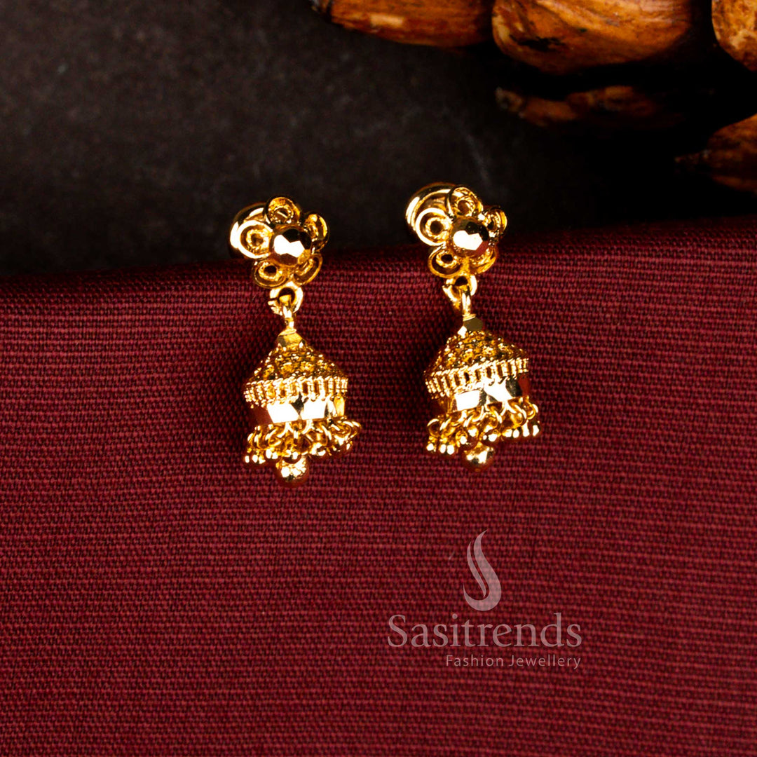 Sasitrends Traditional 24K micro gold plated classic swirl temple jhumka earrings with floral stud top and compact bell drop