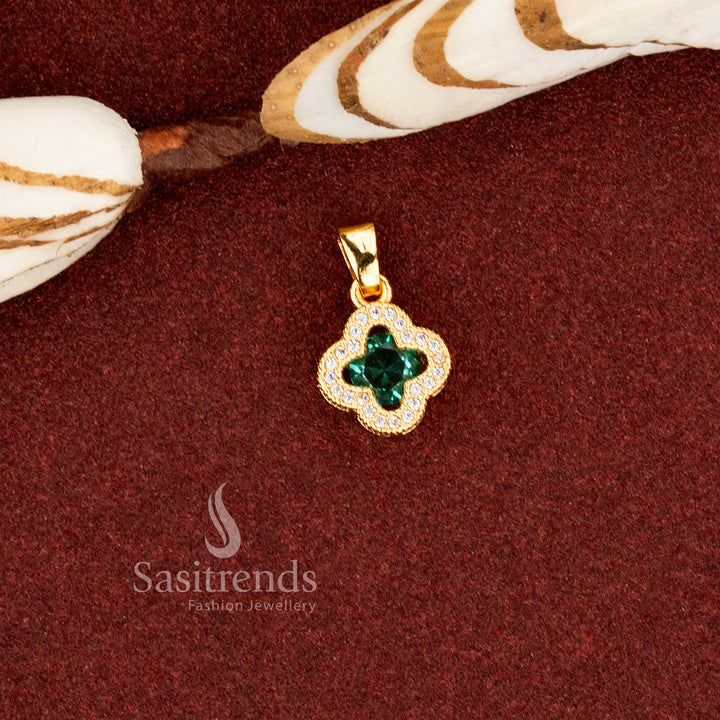 Sasitrends 24K micro gold plated floral clover mint green AD stone pendant designed with a multi layered stone frame structure offering elegant real gold look appeal in 1 gram jewellery style
