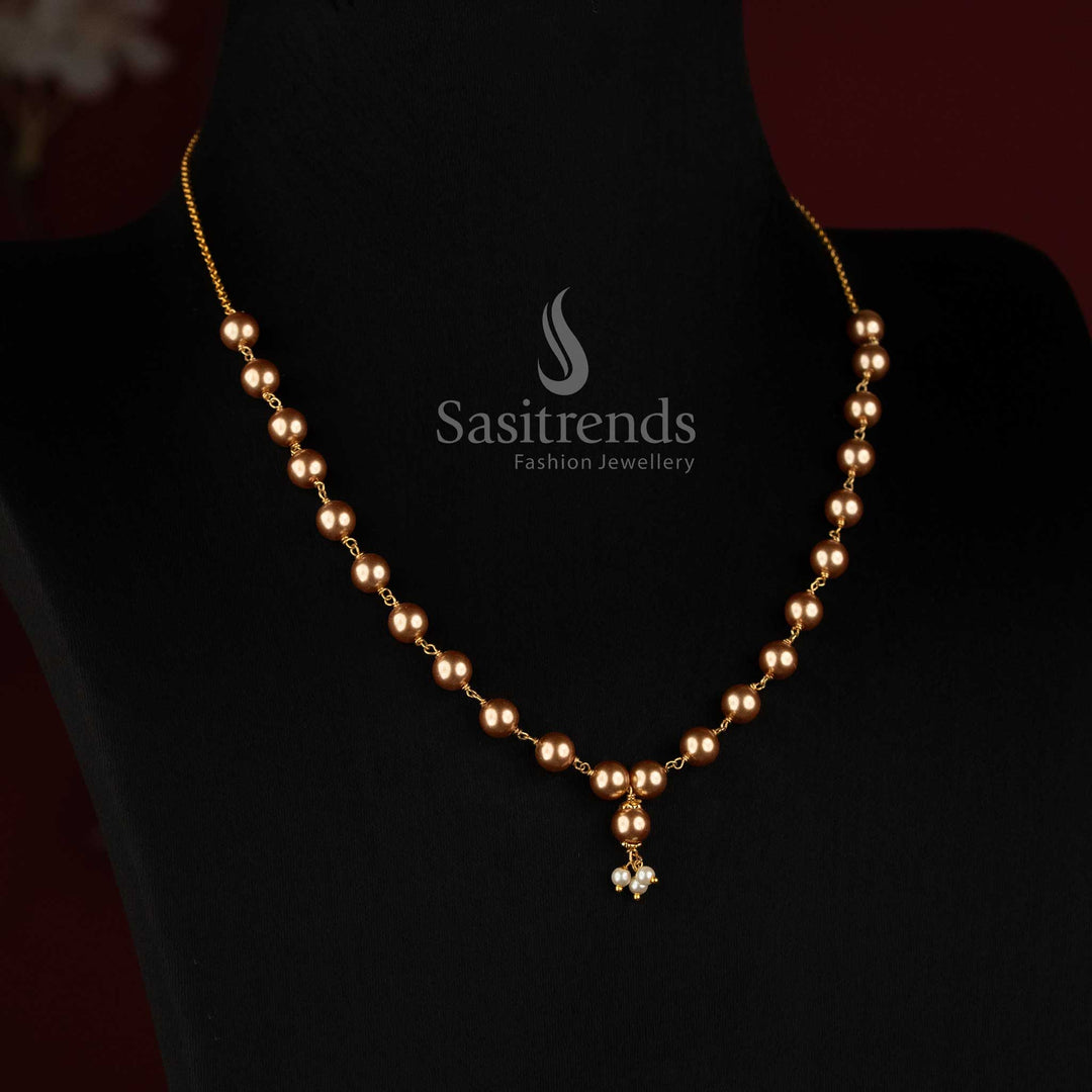 Sasitrends 24K Micro Gold Plated golden pearl graduated beaded necklace with delicate centre drop pendant design 