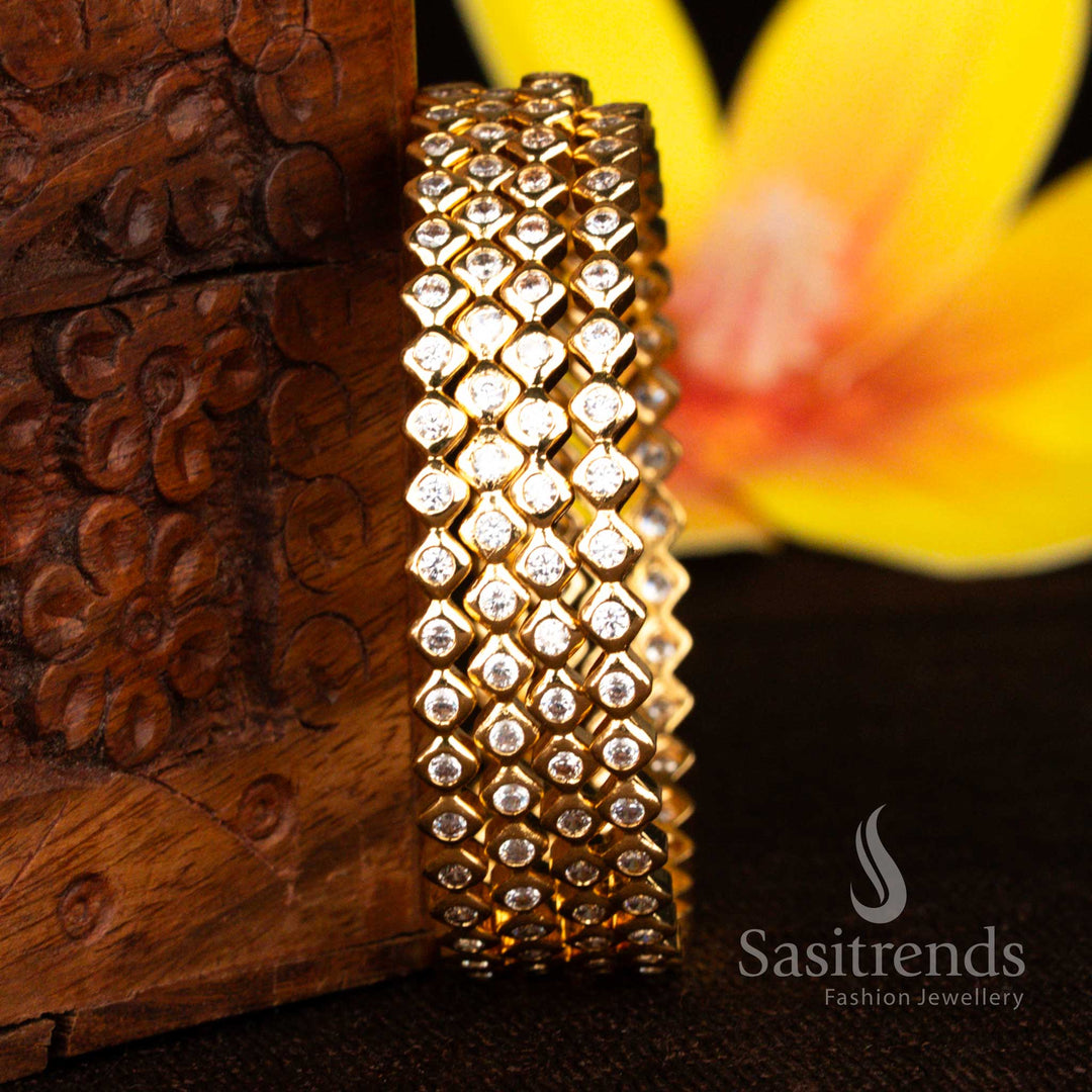 Sasitrends 24K micro gold plated white American diamond bangle with honeycomb lattice grid structure