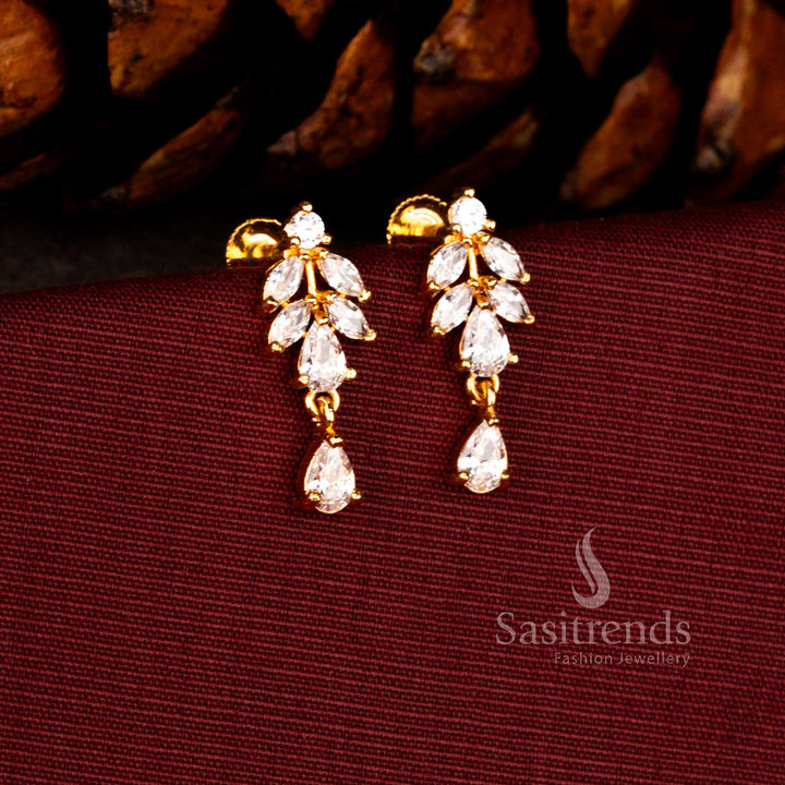 Lustrous 24K Micro Gold Plated white American Diamond Leaf Cascade Dangler Earrings with Pear Drops | Perfect for Weddings, Receptions & Festive Wear