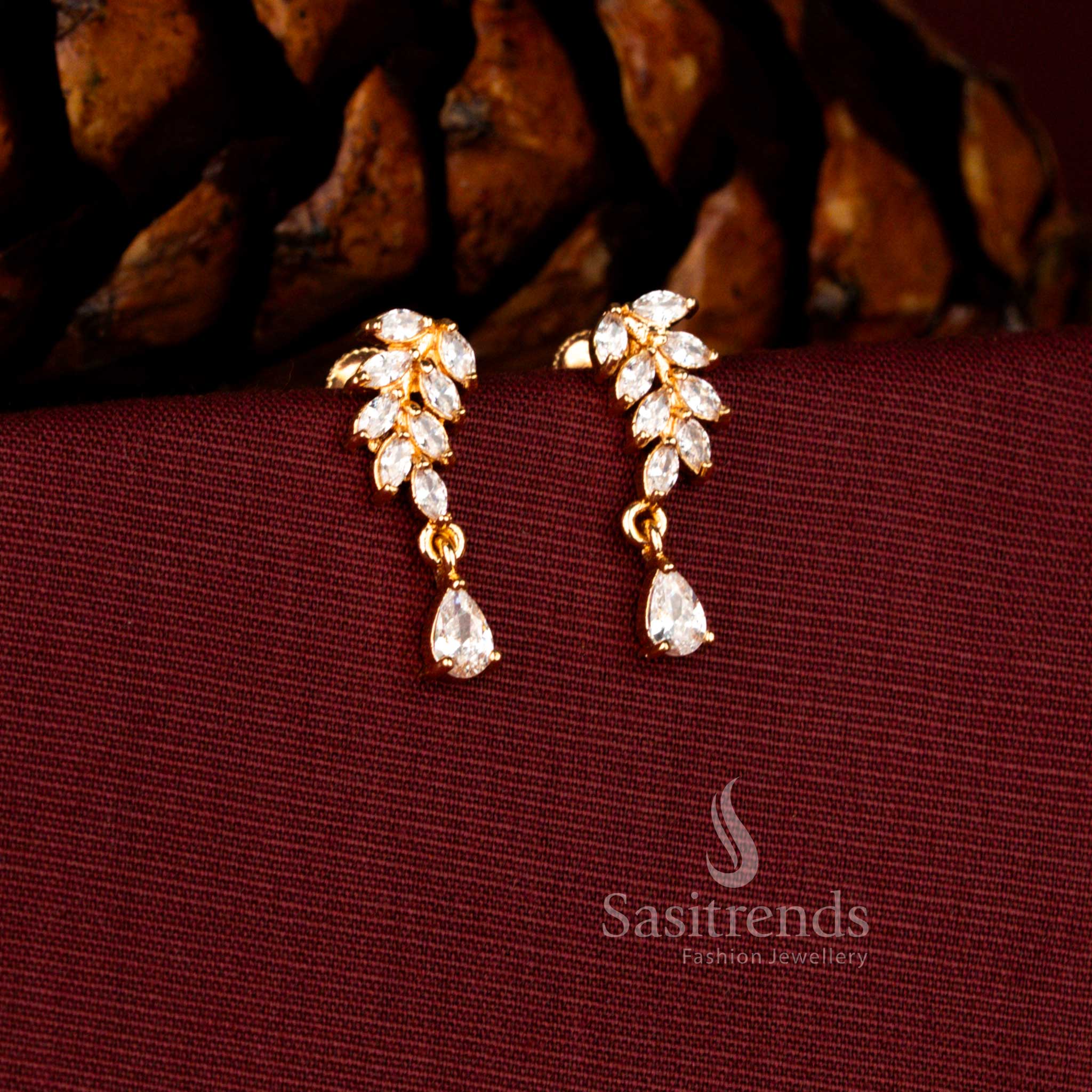 Sasitrends 24K micro gold plated marquise leaf white AD drop earrings with elegant pear shaped dangler