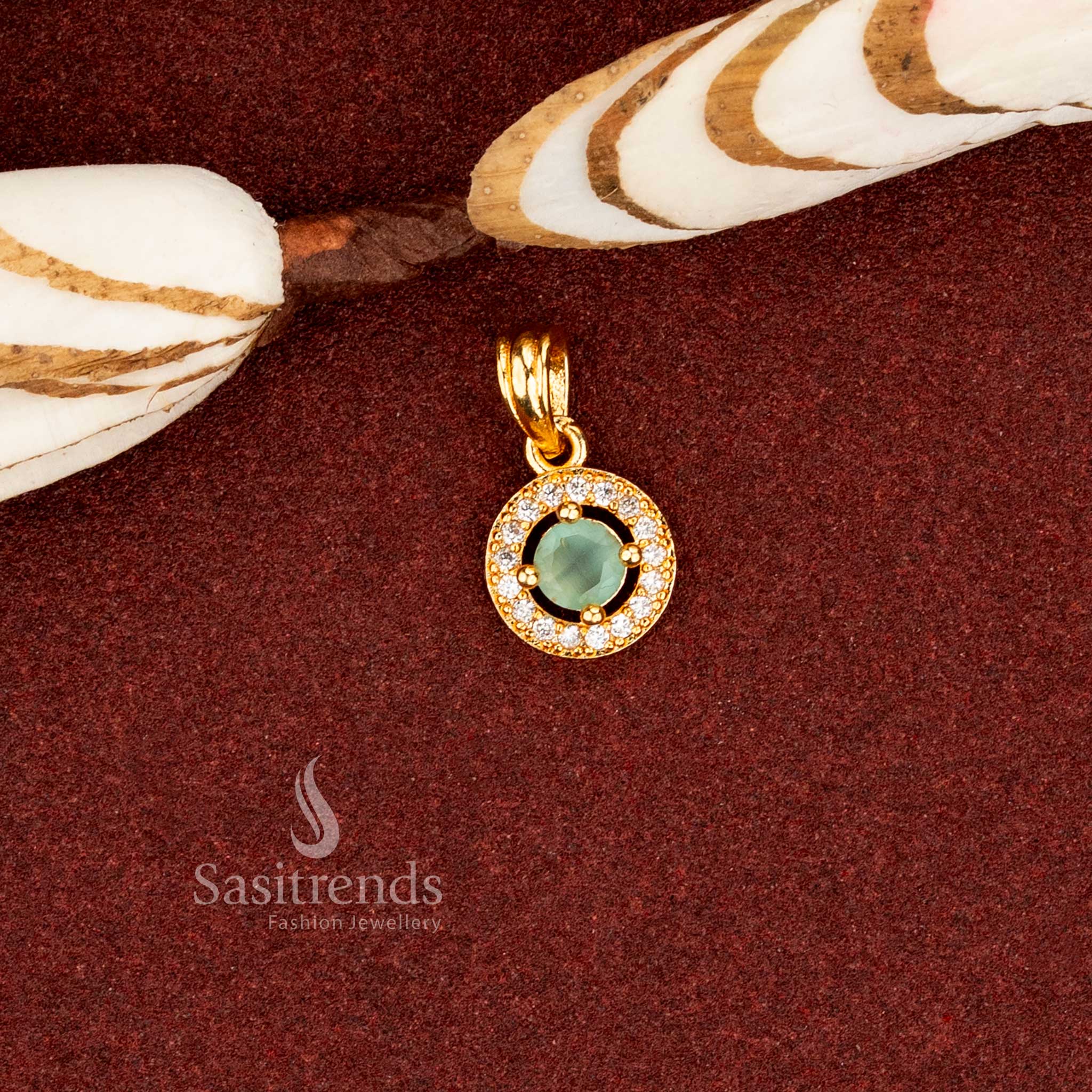 Sasitrends 24K micro gold plated mint AD stone round halo design pendant with layered circular frame and prong set center structure