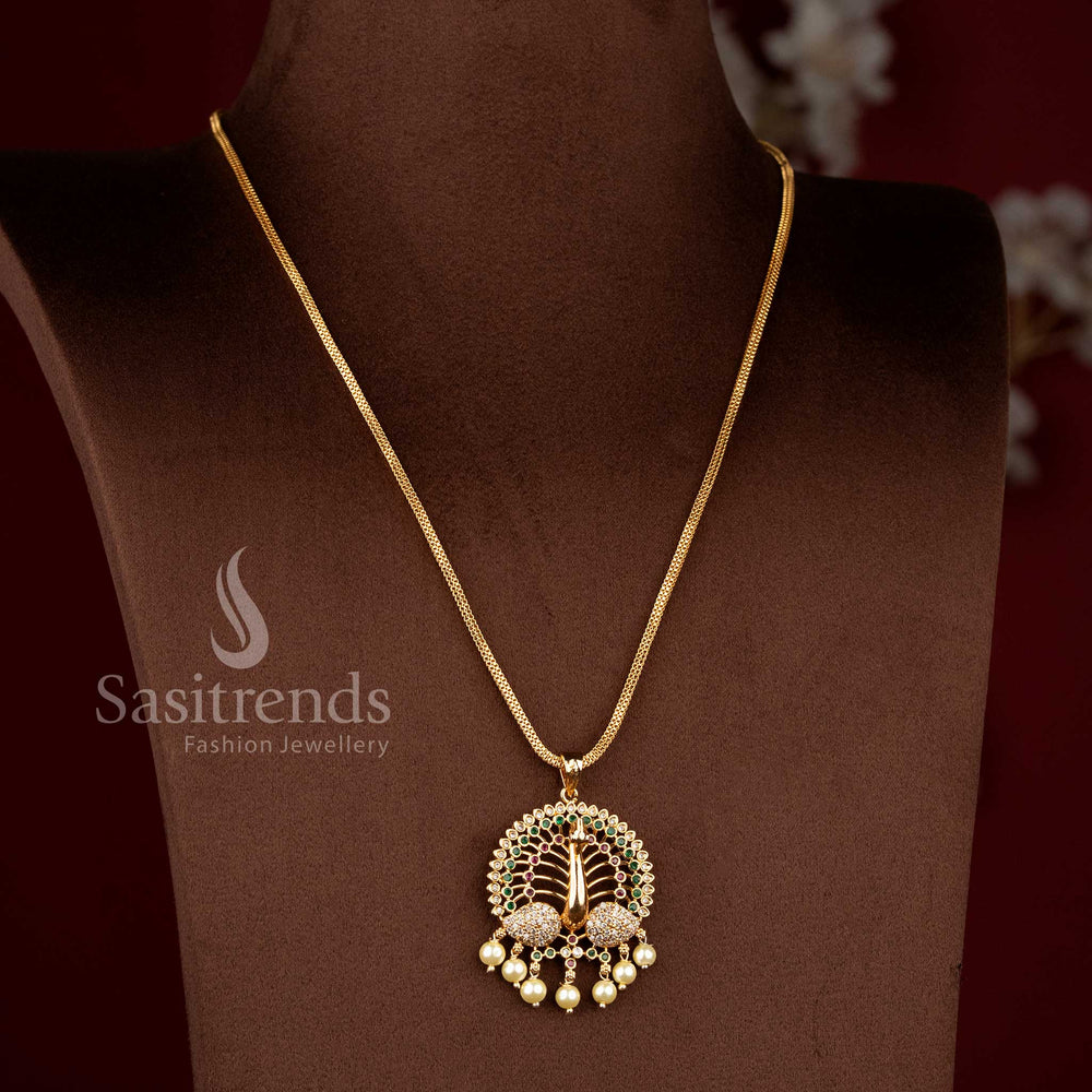 Sasitrends Guaranteed 24K micro gold plated multi AD stone peacock design pendant chain necklace with layered circular frame and pearl drop detailing