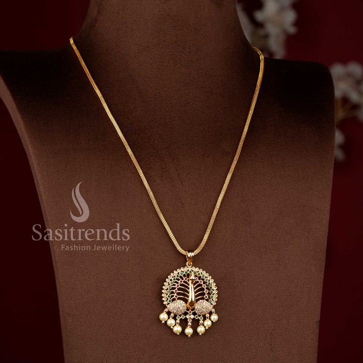 Sasitrends Guaranteed 24K micro gold plated multi AD stone peacock design pendant chain necklace with layered circular frame and pearl drop detailing