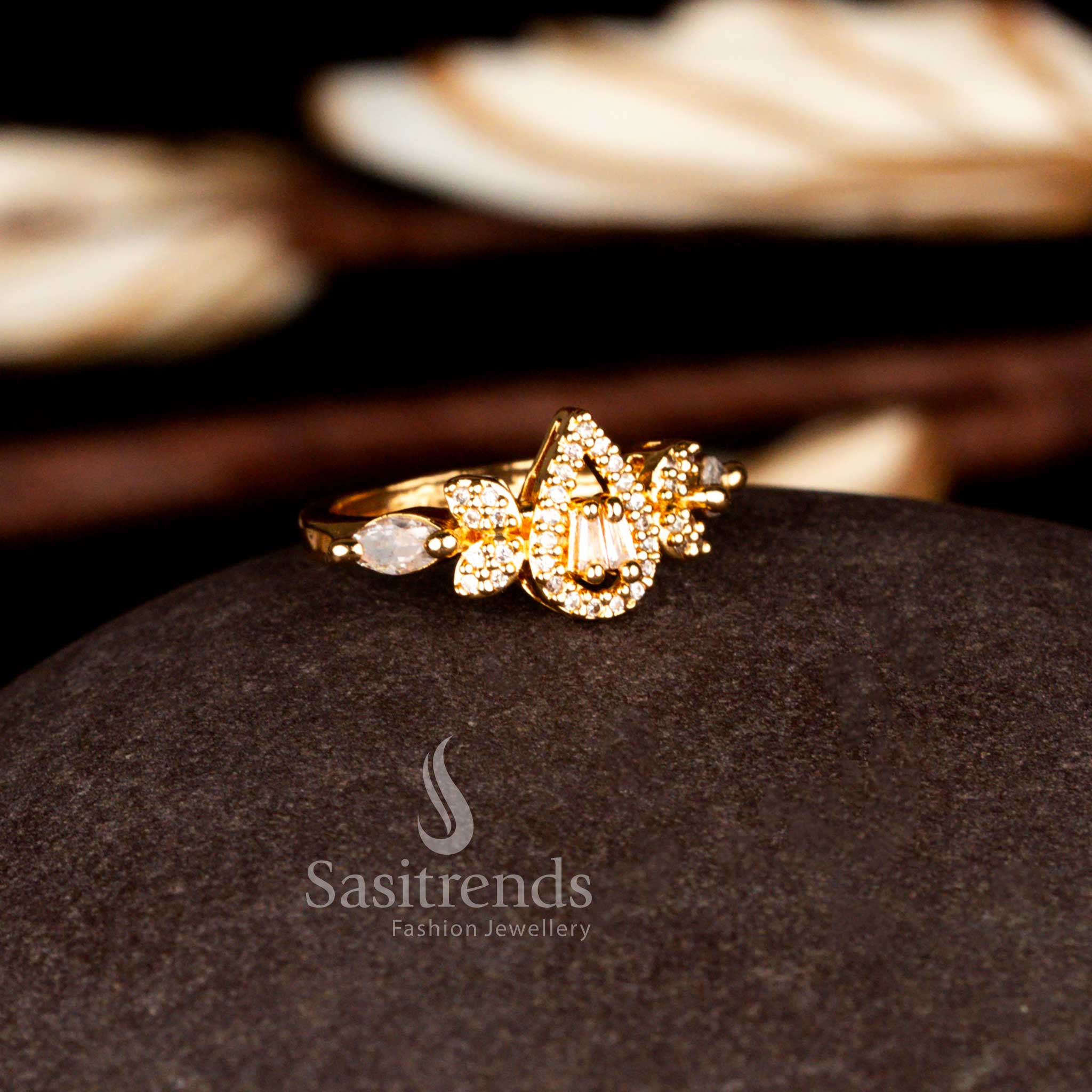 Sasitrends Elegant One Gram micro gold plated white American diamond pear floral designer ring with halo detailing
