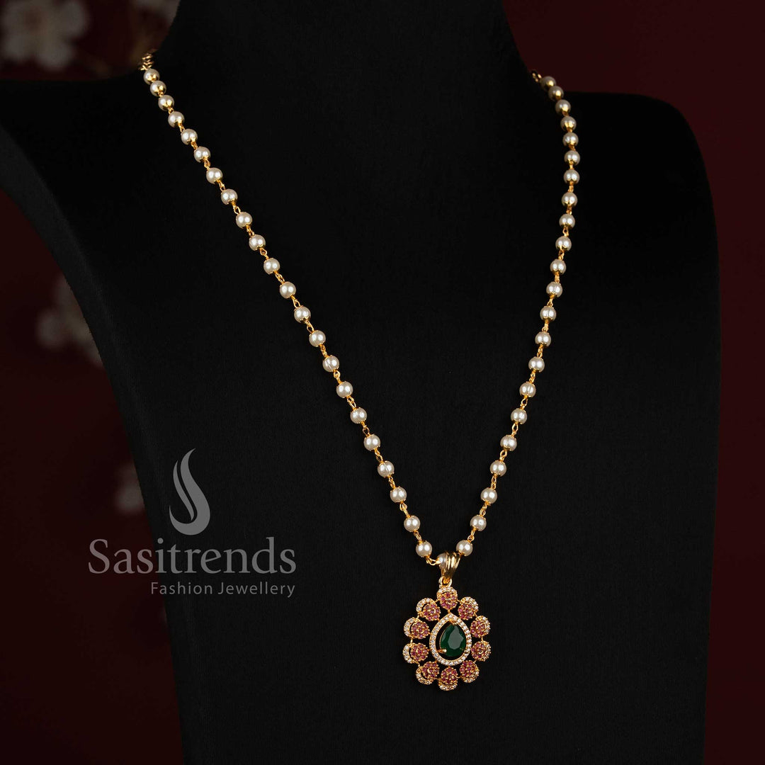 Traditional long necklace crafted with a 24K micro gold plated finish, delicate pearl-style bead arrangement and statement floral AD stone pendant for weddings and ethnic celebrations
