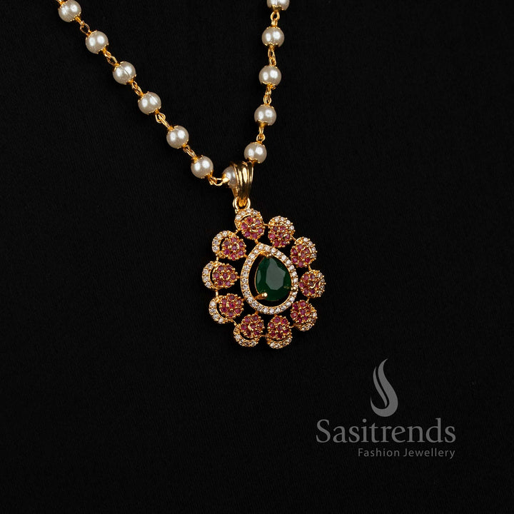 Guaranteed 24K Micro Gold Plated Pearl Beaded Long Necklace with AD Stone Teardrop Floral Pendant | Real Gold Look Alike