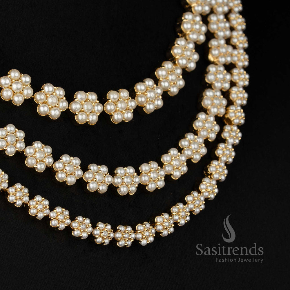 Sasitrends stone free one gram micro gold plated pearl necklace set featuring tiered floral cluster design