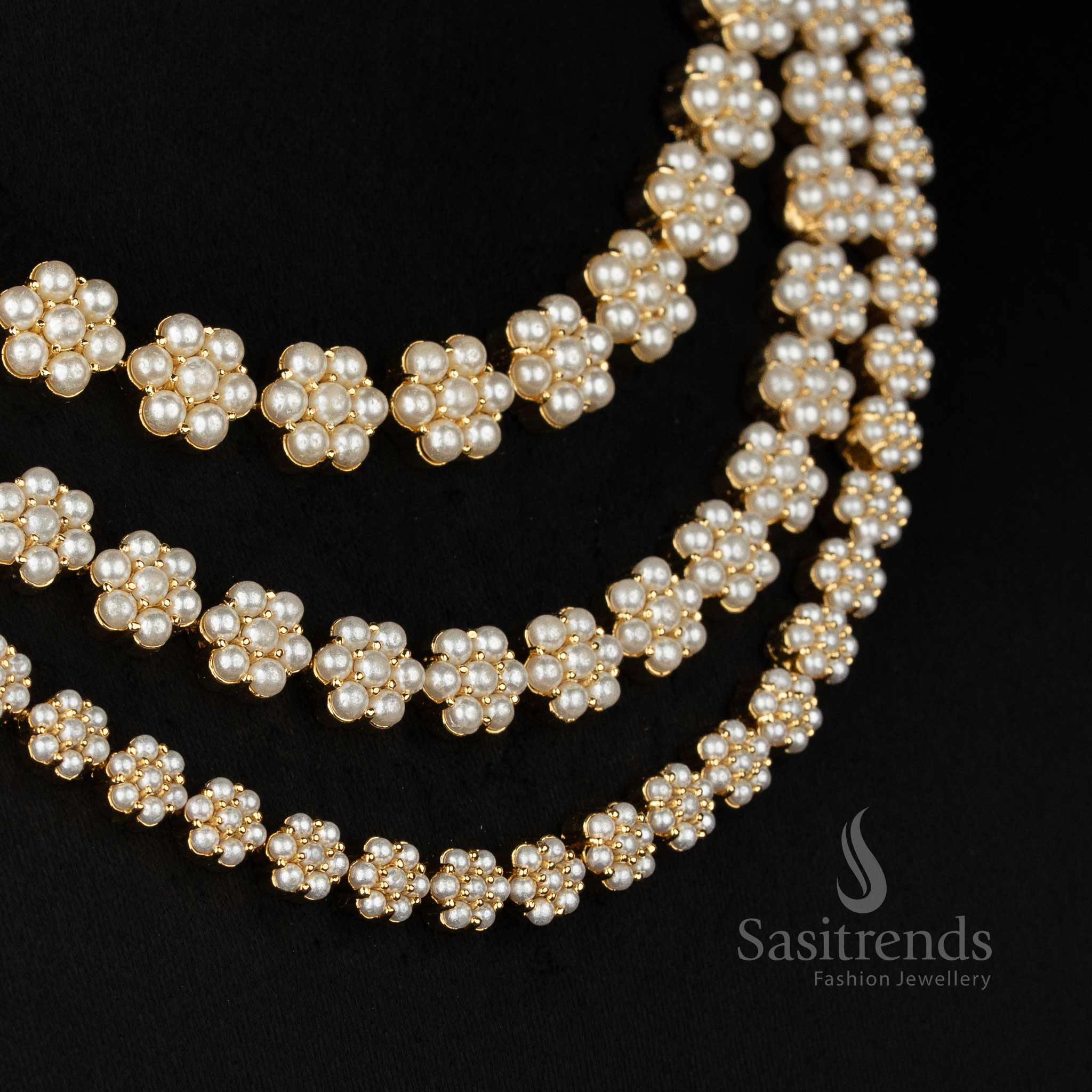 Sasitrends stone free one gram micro gold plated pearl necklace set featuring tiered floral cluster design