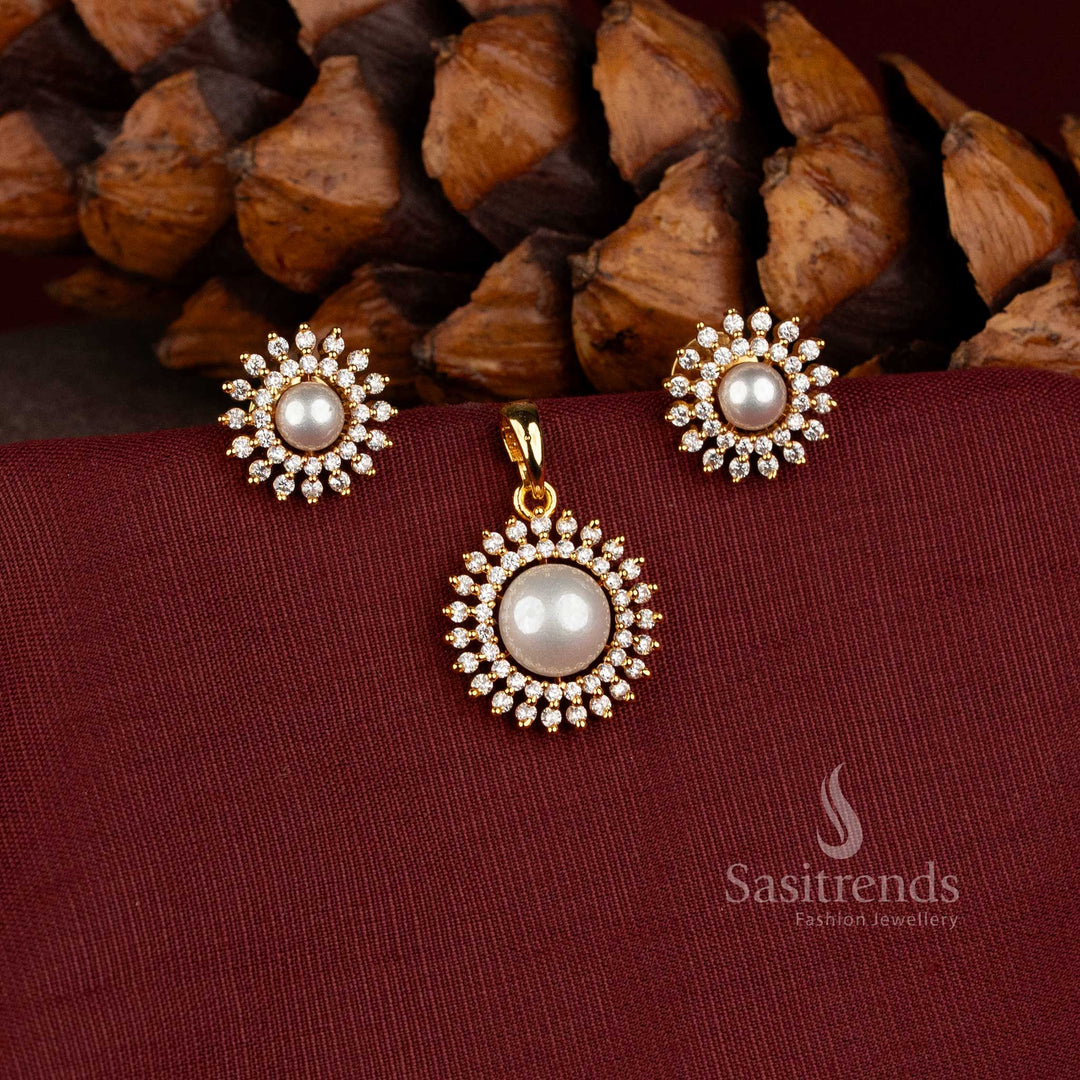 Sasitrends 24K micro gold plated pearl pendant with detailed AD Stone floral halo and coordinated stud earrings 