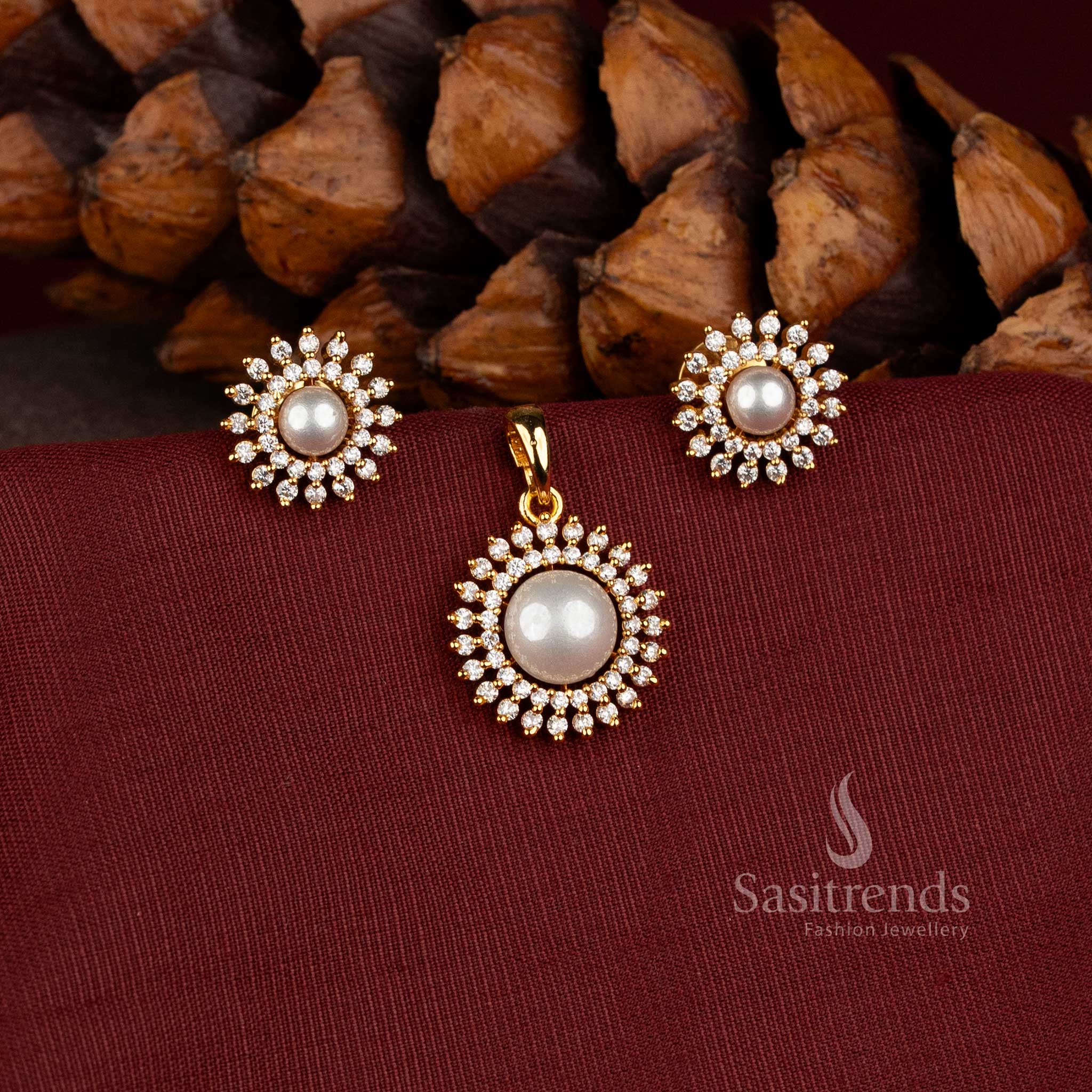 Sasitrends 24K micro gold plated pearl pendant with detailed AD Stone floral halo and coordinated stud earrings 