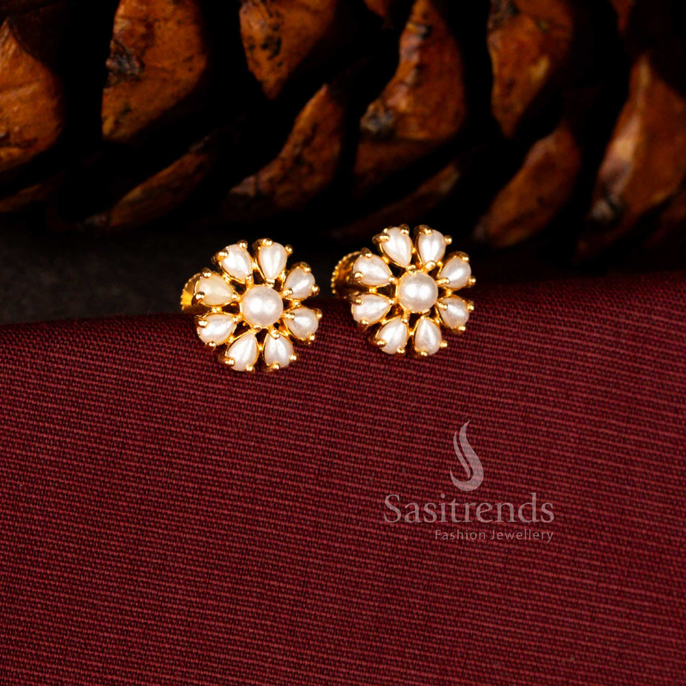 Sasitrends 24K Micro Gold Plated Radiant Floral pearl Stud Earrings with Detailed Petal Design | Perfect for Daily Wear, Office Styling & Festive Occasions
