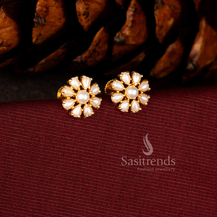 Sasitrends 24K Micro Gold Plated Radiant Floral pearl Stud Earrings with Detailed Petal Design | Perfect for Daily Wear, Office Styling & Festive Occasions