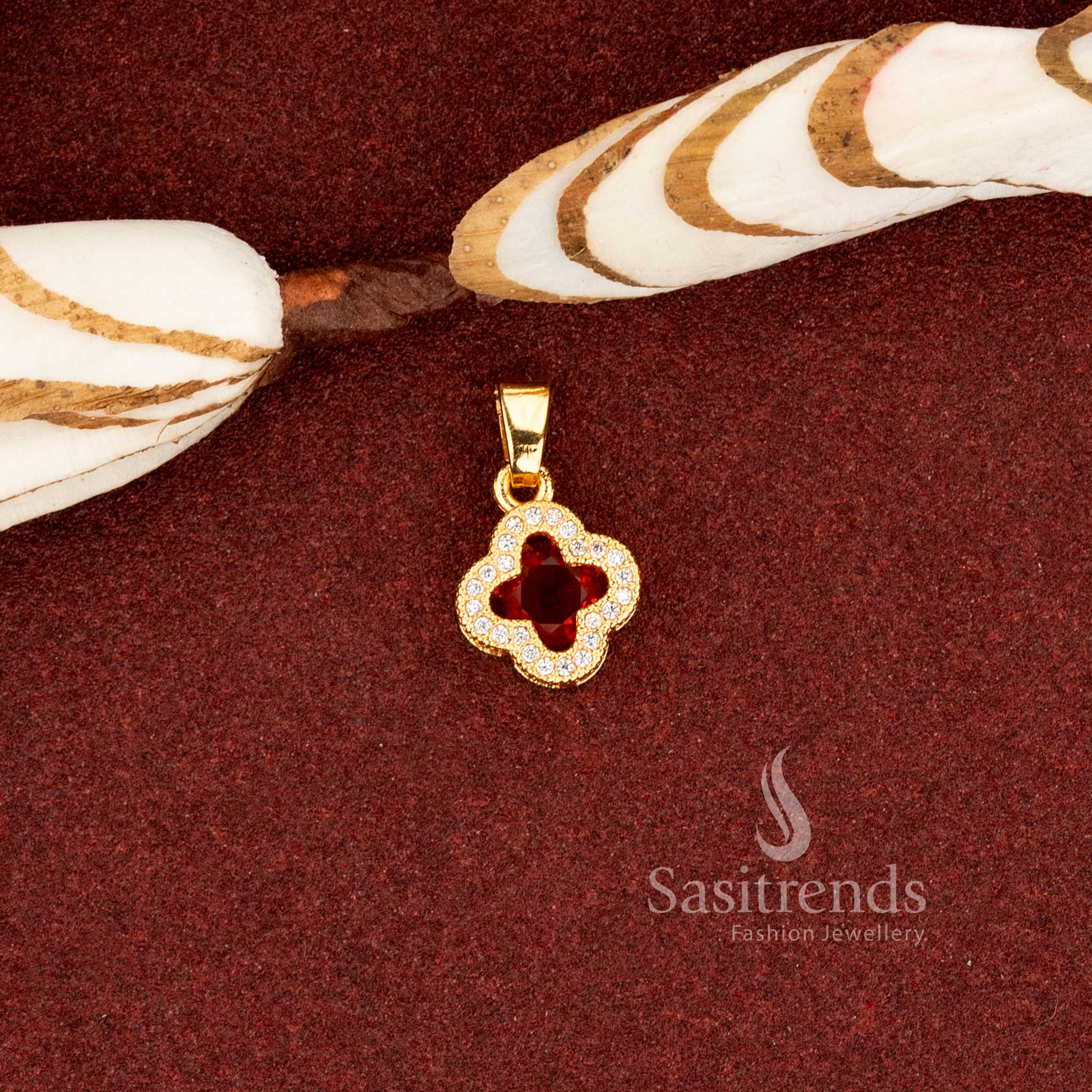 Sasitrends 24K micro gold plated red AD stone floral clover design pendant with layered circular stone border structure