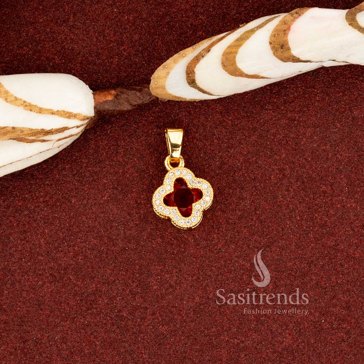 Sasitrends 24K micro gold plated red AD stone floral clover design pendant with layered circular stone border structure
