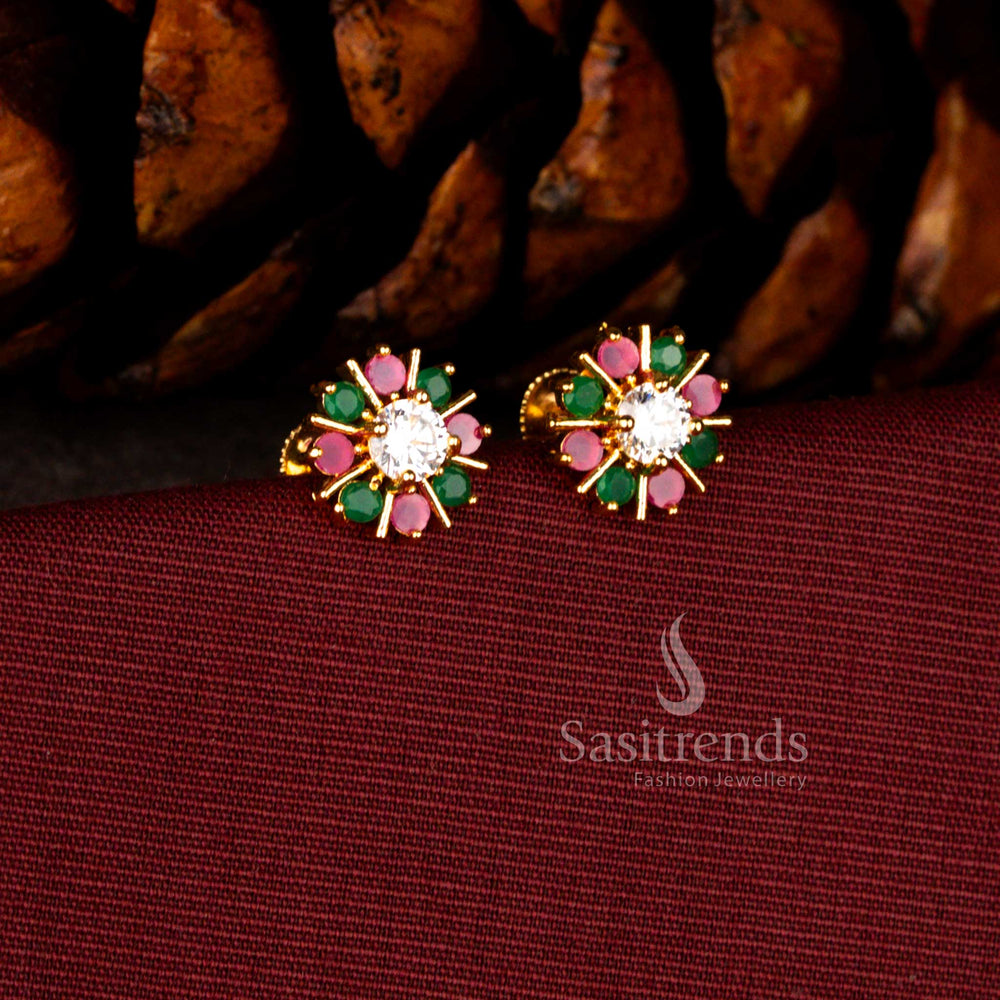 Stunning 24K Micro Gold Plated Sunburst ruby green white AD Stone Stud Earrings with Radiant Center Crystal | Festive & Traditional Wear