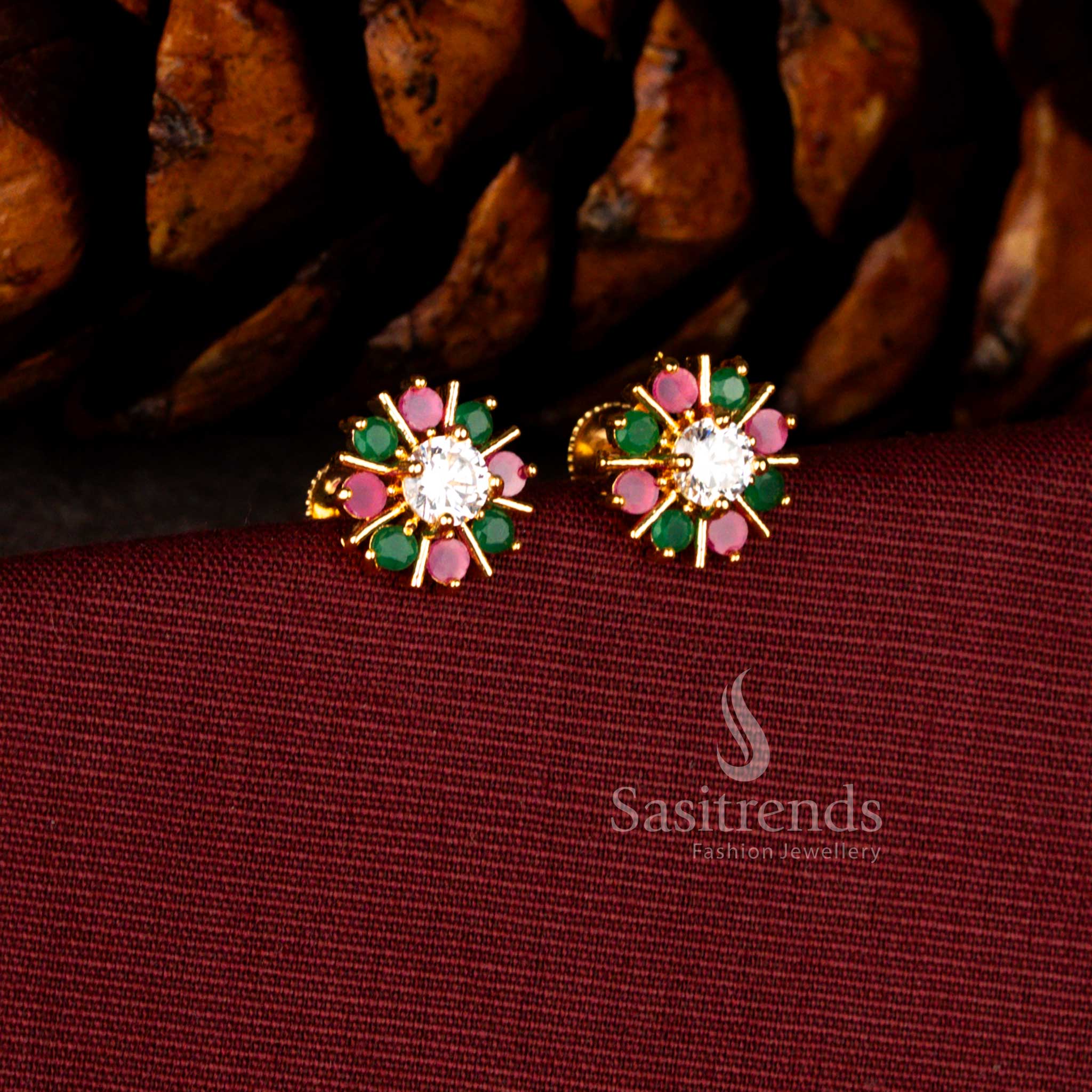 Stunning 24K Micro Gold Plated Sunburst ruby green white AD Stone Stud Earrings with Radiant Center Crystal | Festive & Traditional Wear
