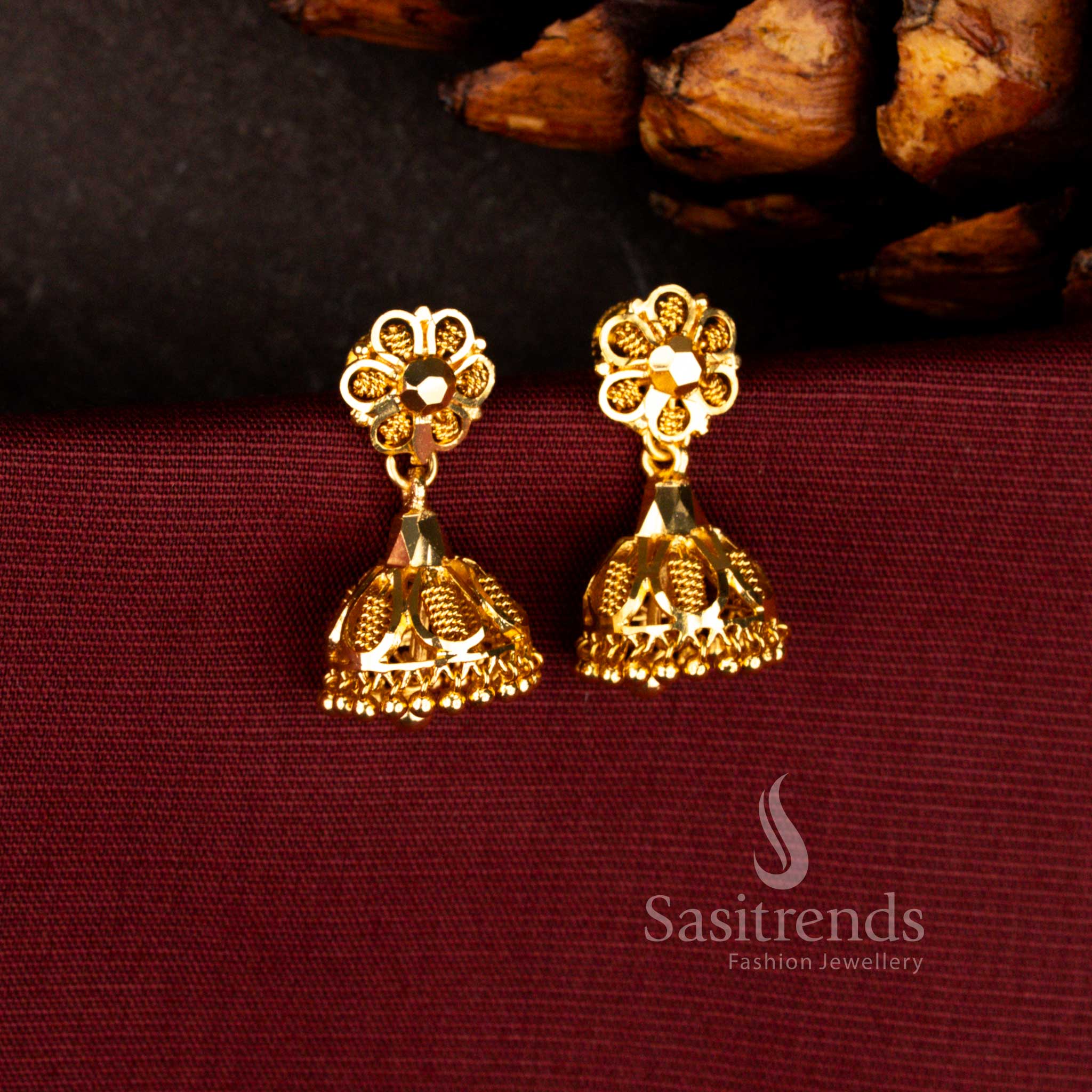 Sasitrends 24K micro gold plated temple bloom jhumka earrings with floral stud top and detailed bell drop