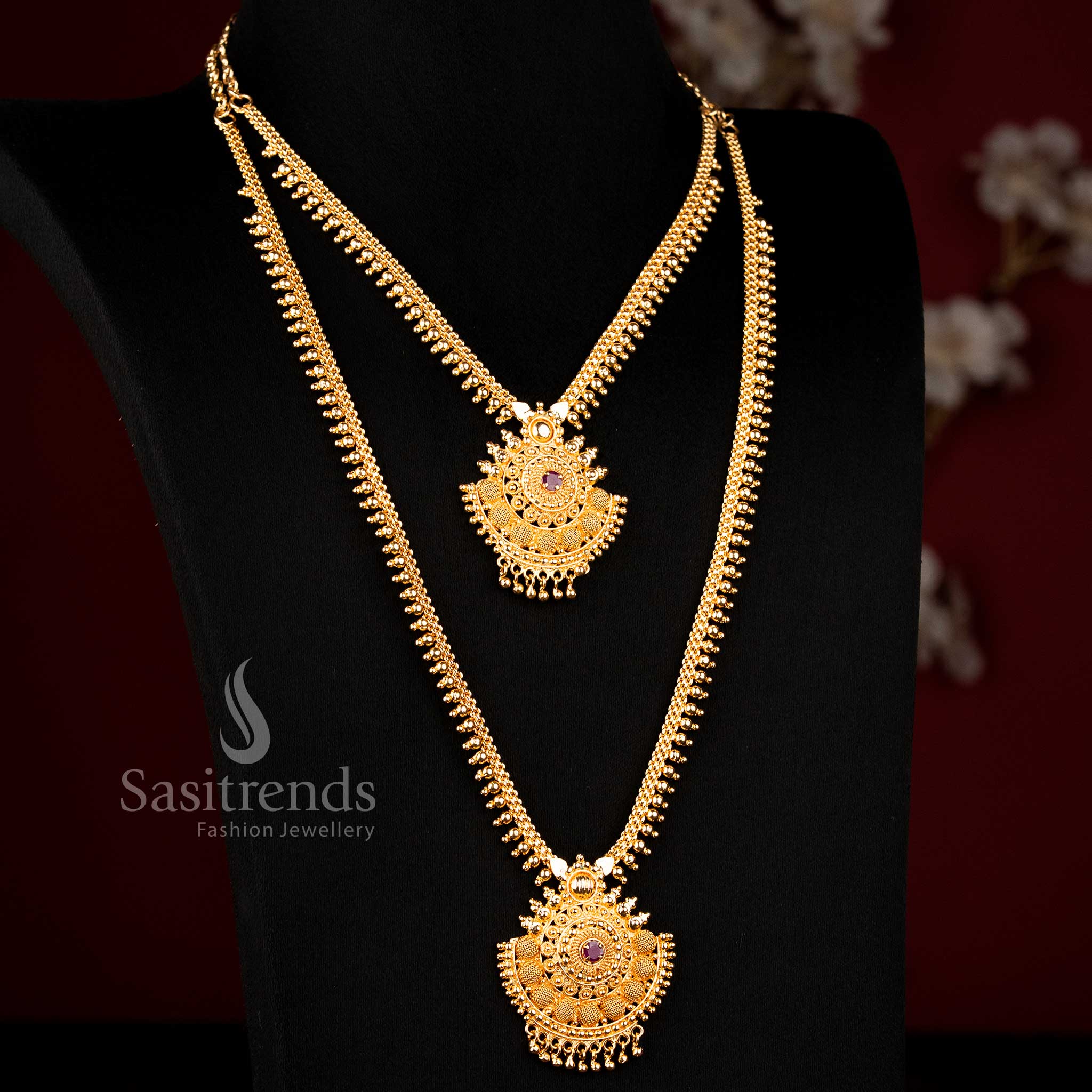 Guaranteed 24K Micro Gold Plated Traditional Long and Short Combo Necklace with Intricate Round Motif Structure | Real Gold Look 1 Gram Jewellery - Sasitrends