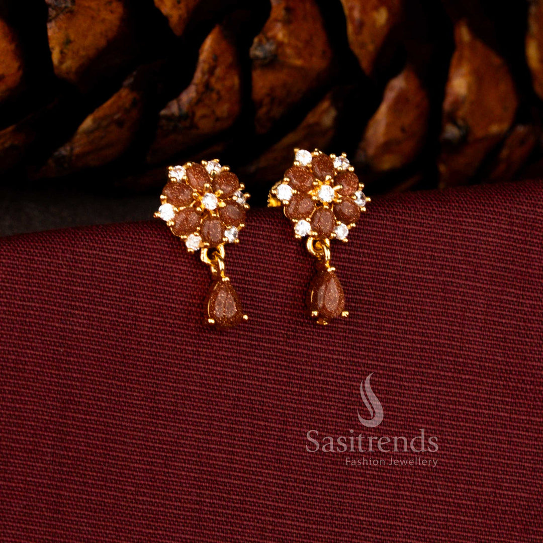 Sasitrends 24K micro gold plated textured floral cluster white brown AD stone earrings with elegant pear shaped drop dangler
