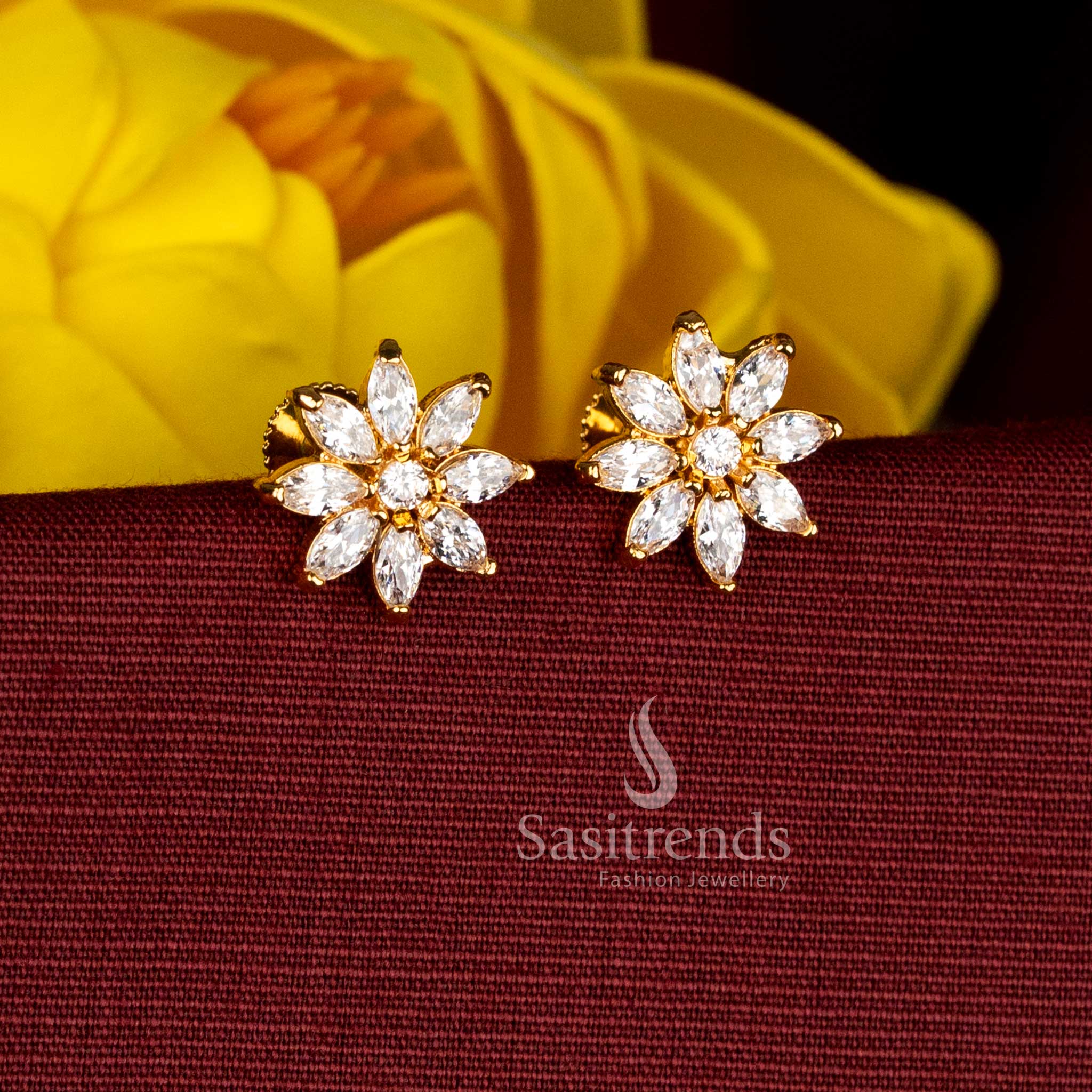 24K micro gold plated white AD stone floral stud earrings with petal-shaped cluster structure - Sasitrends