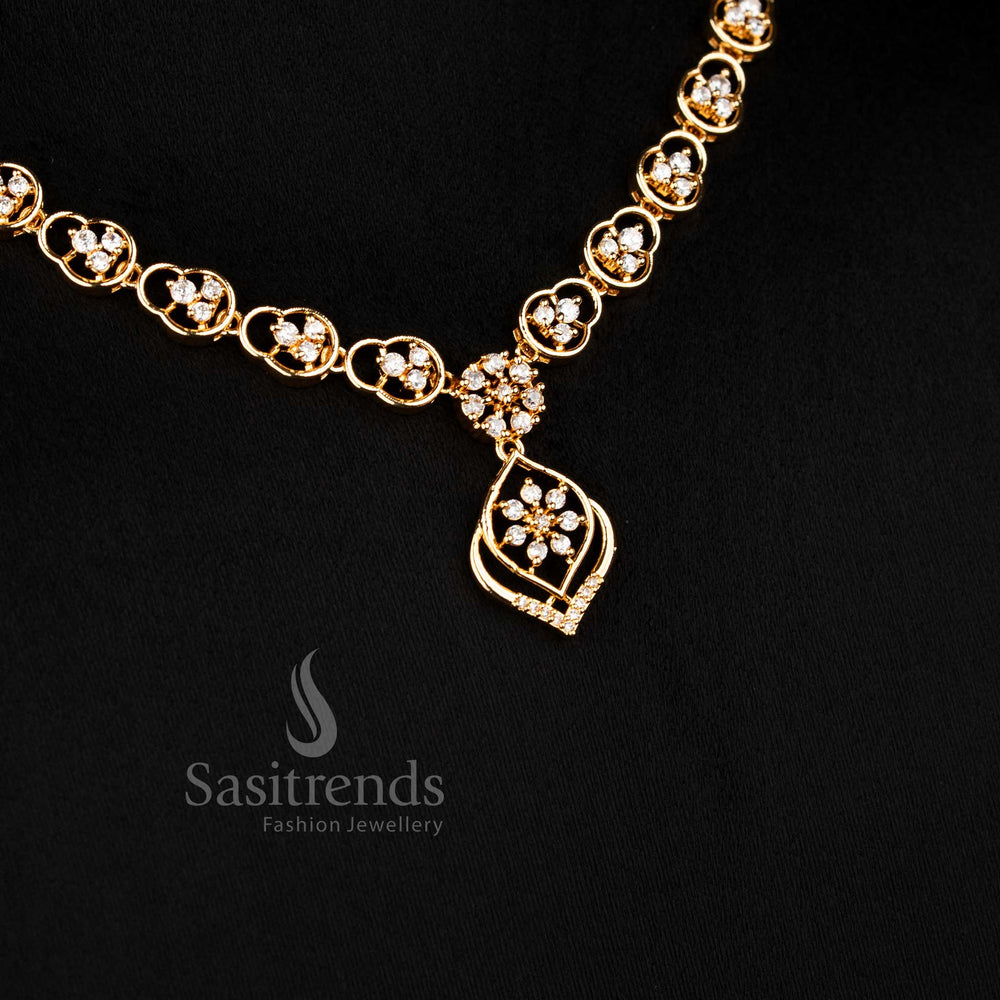 Sasitrends real gold look one gram micro gold plated white American diamond ashion necklace set with repeating floral pattern 