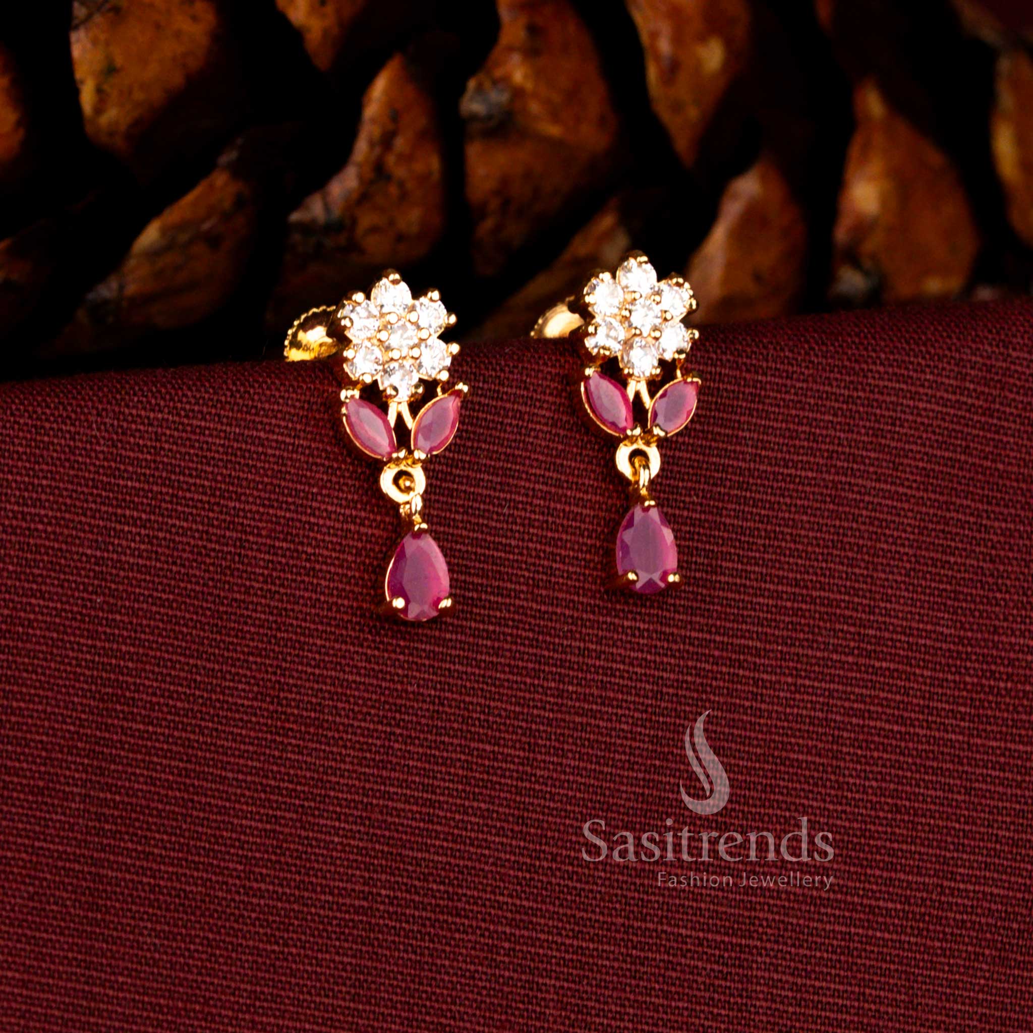 Sasitrends 24K micro gold plated white ruby Ad stone floral leaf drop earrings with sparkling bloom top and elegant hanging drop