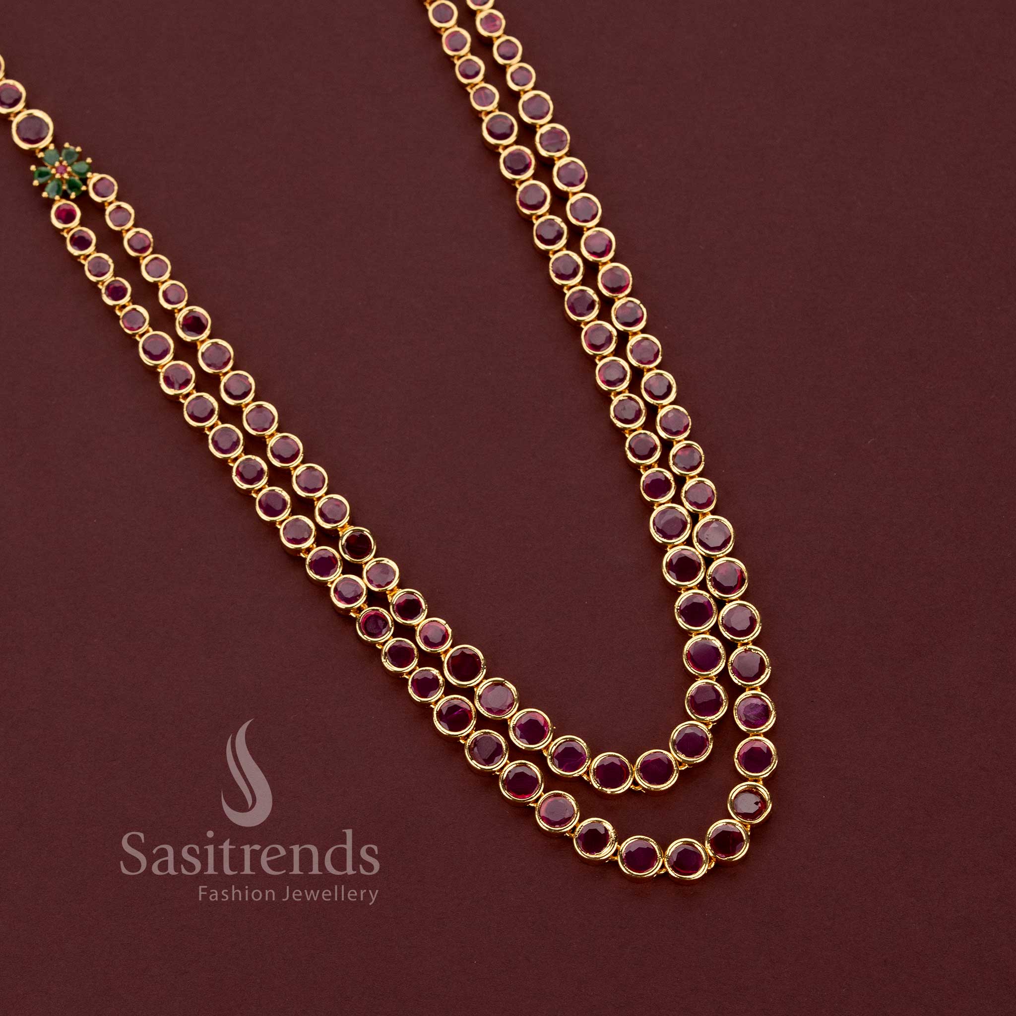 Sasitrends 24K micro gold plated ruby American Diamond necklace with two-line design