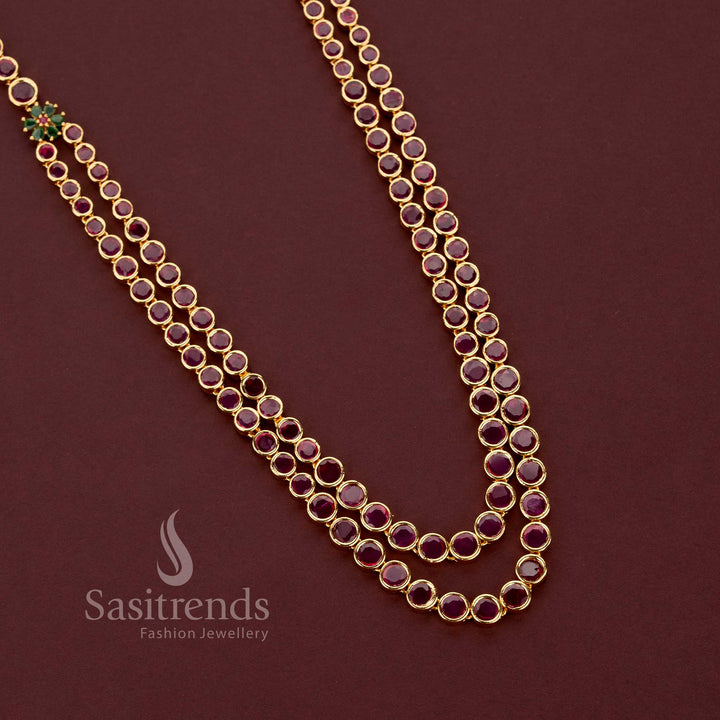 Sasitrends 24K micro gold plated ruby American Diamond necklace with two-line design