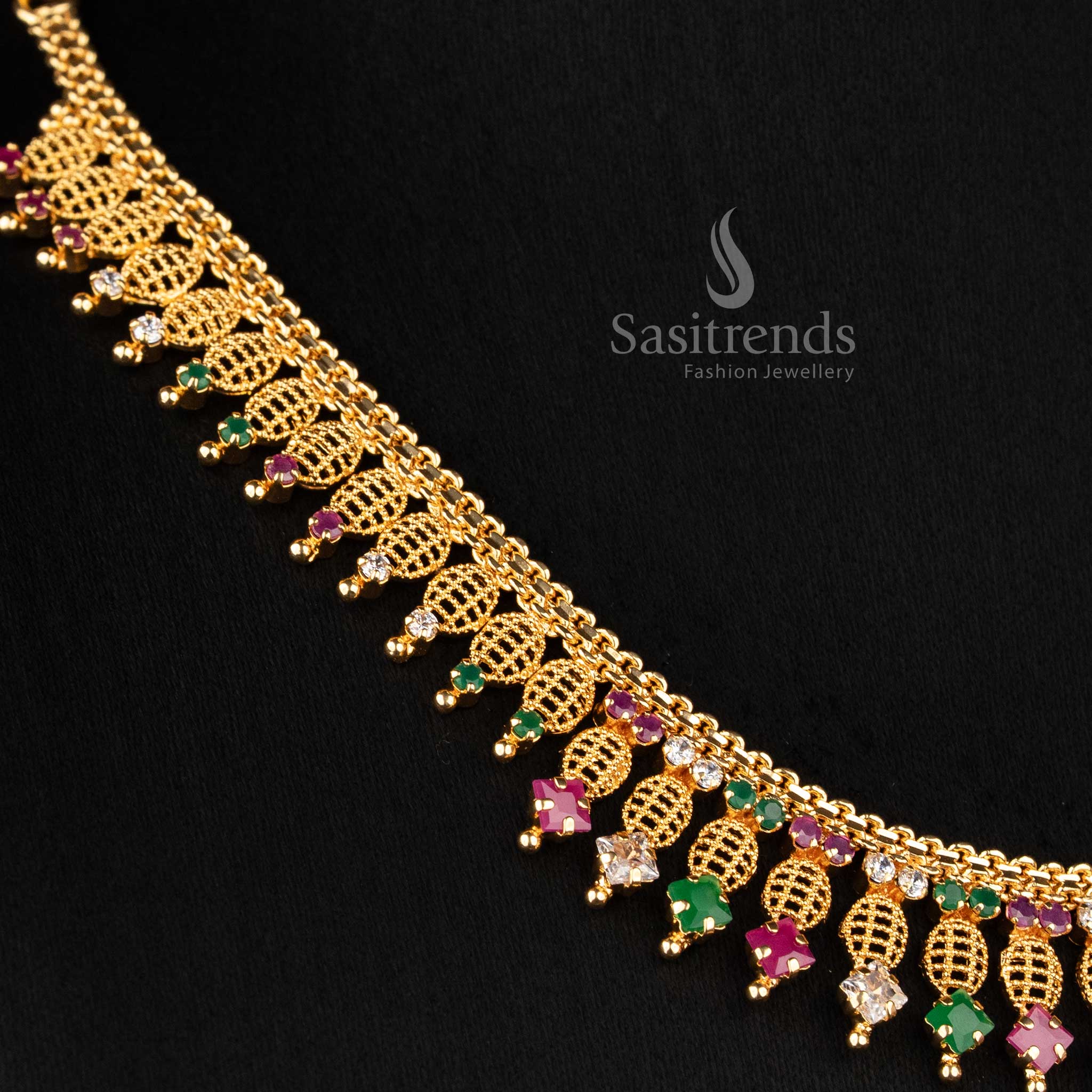 Sasitrends 24K micro gold plated leaf lattice designer necklace crafted with detailed multi AD stone arrangement and layered hanging drop pattern for grand traditional styling