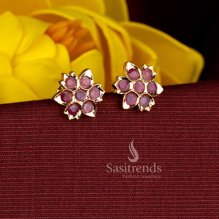 Sasitrends south indian temple style impon addigai ruby ad stone floral screw stud earrings with 24k pure gold micro plating