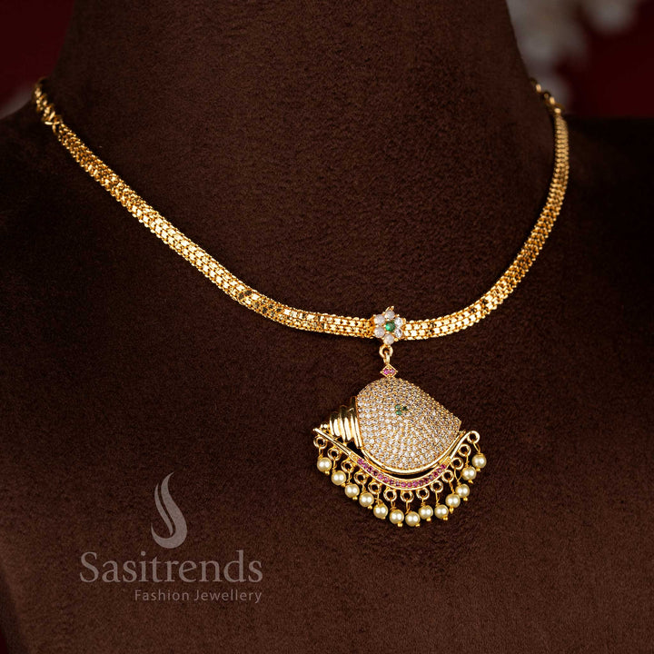 Guaranteed Traditional Vishnu Sangu Design Impon Attigai Micro Gold Plated AD Stone Necklace | Look Like Real Gold