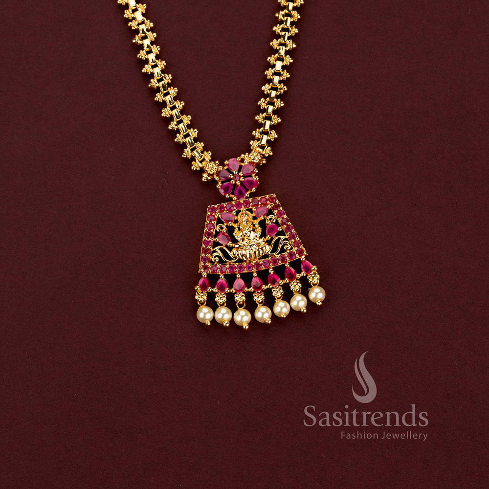 Sasitrends 24K pure gold plated traditional necklace featuring a detailed Lakshmi deity centre, floral connector and structured temple pendant frame 