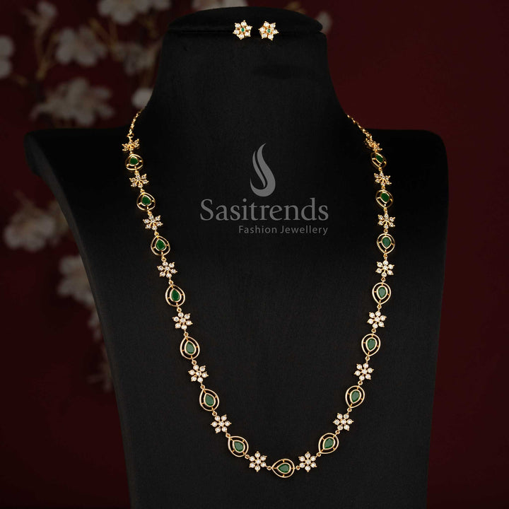 Sasitrends micro gold plated short and long necklace jewellery set with coordinated floral earrings and detailed AD stone embellishment 